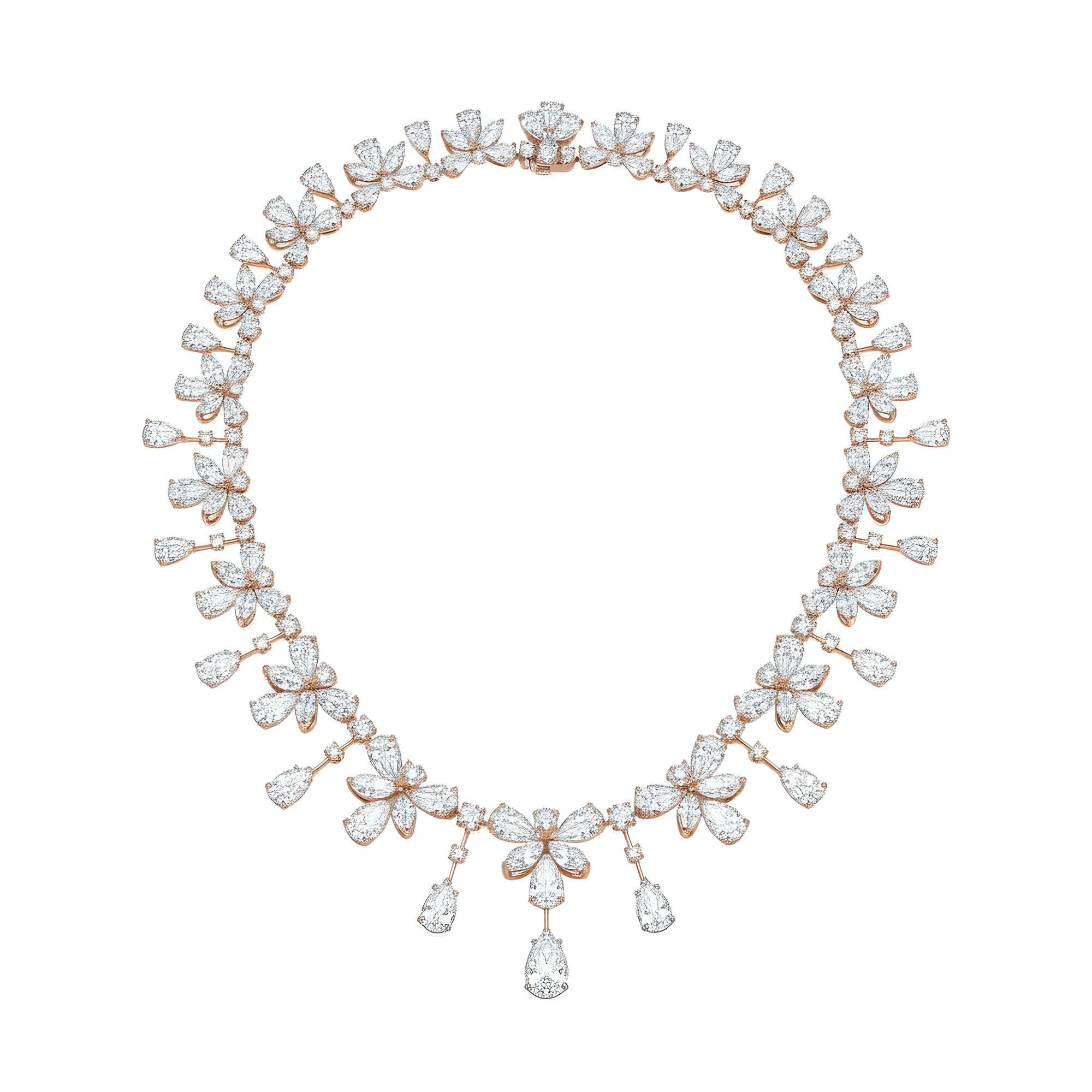 18K White Gold Round & Pear Cut Diamond Necklace 85.85ct