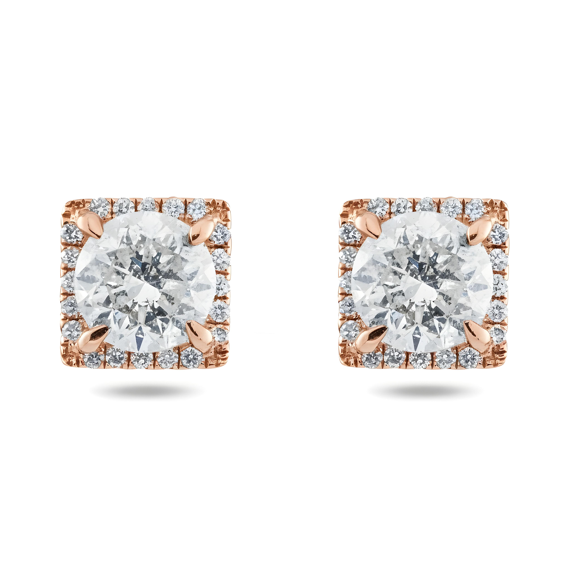 18K White Gold Square Shaped Round Diamond Stud Earrings 2.28ctw