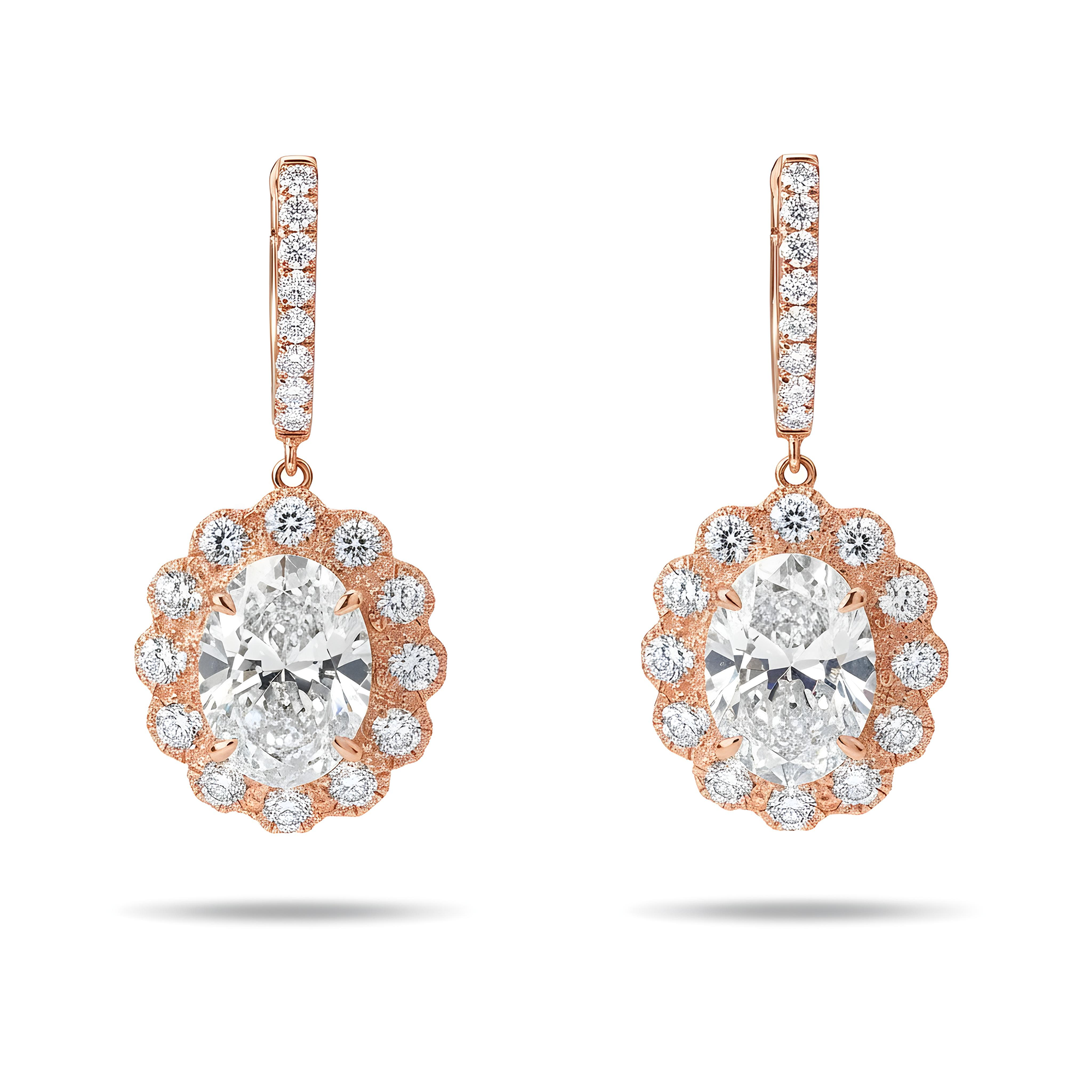 18k White Gold Oval Cut Diamond Drop Earrings W/ Round Diamond Halo 8.27ctw