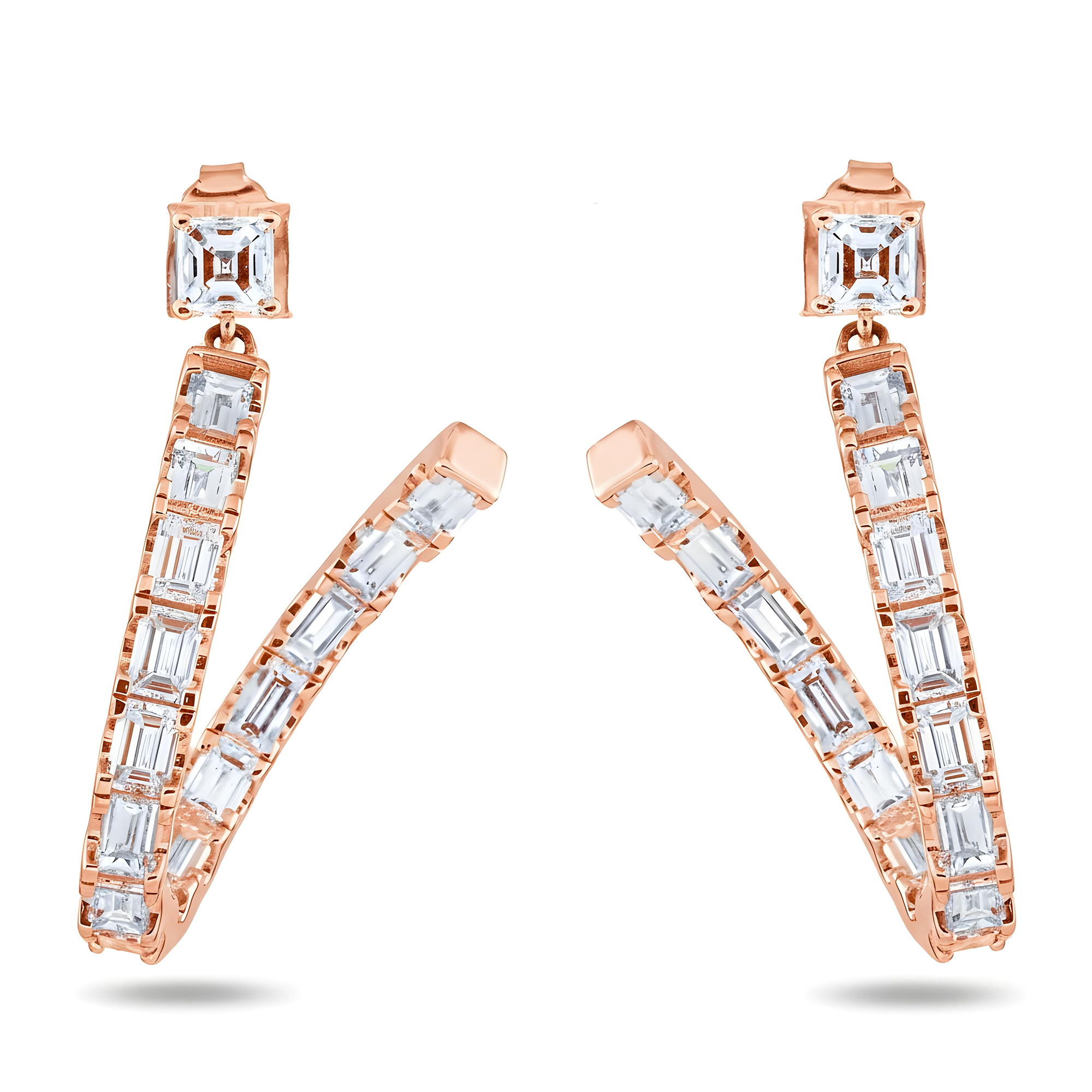 18K White Gold Emerald Cut Diamond Curved Inside Out Hoop Earrings 5.73ctw