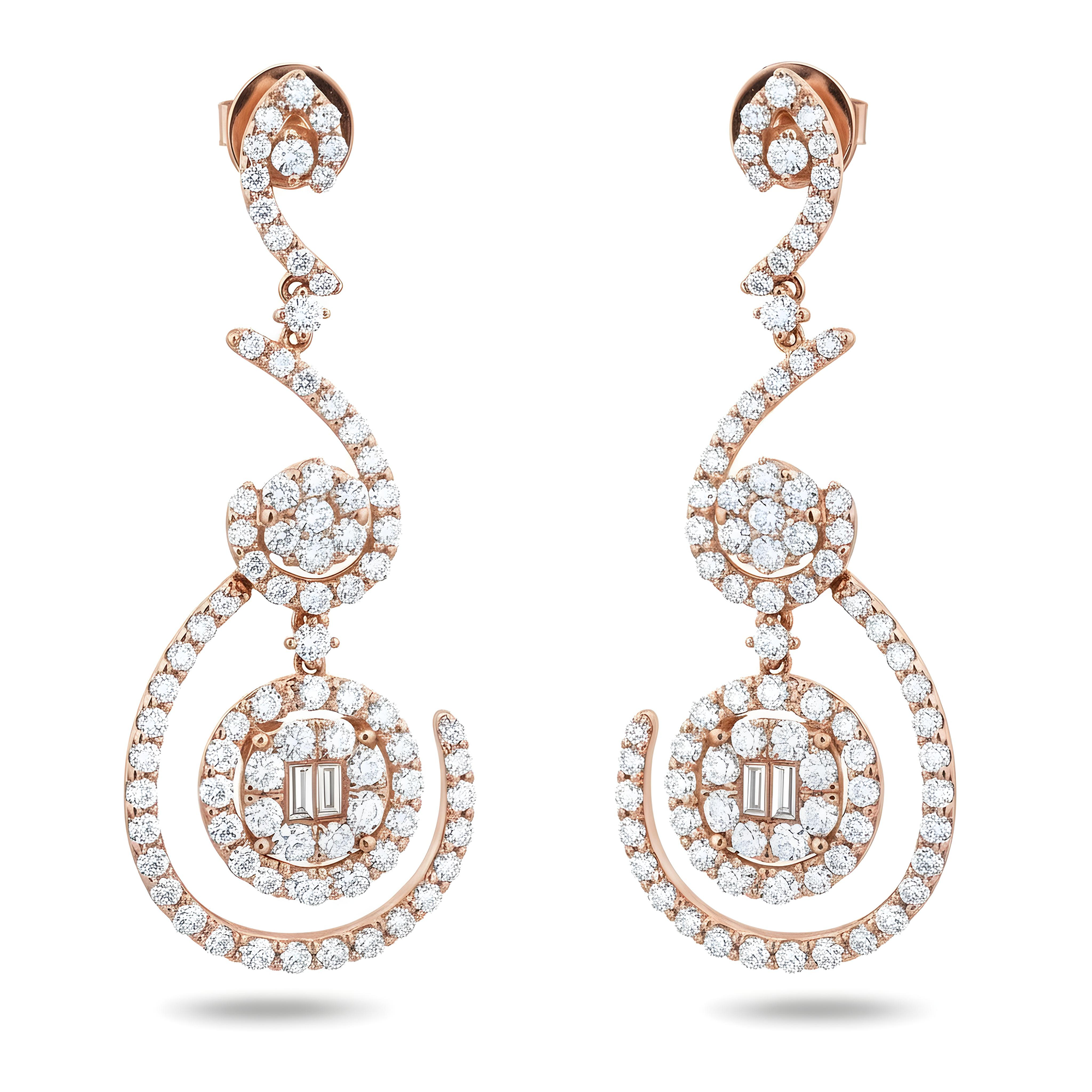 18K White Gold Artistic Round & Baguette Diamond Drop Earrings 5.13ctw