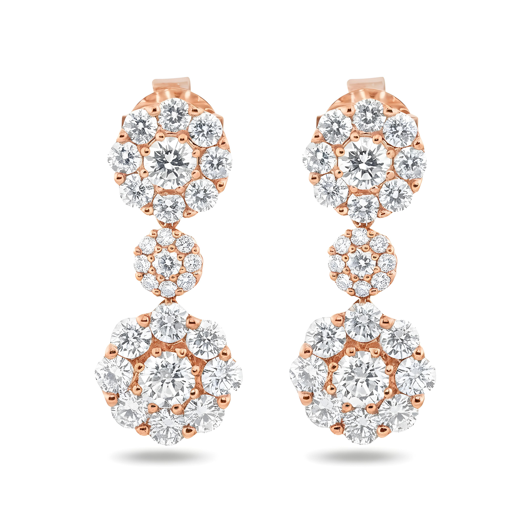 18K White Gold Three Tier Round Diamond Flower Drop Earrings 4.12ctw