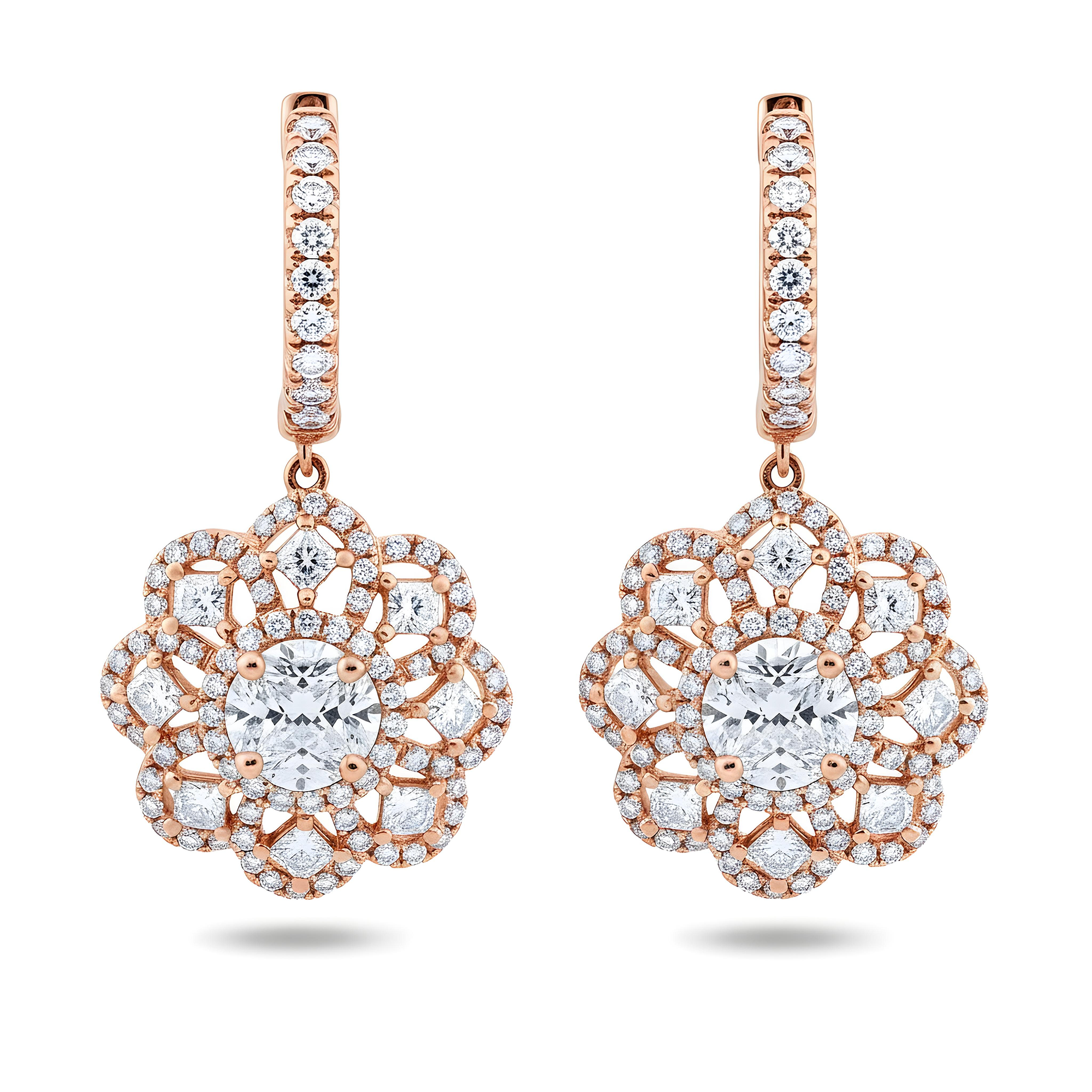 14K White Gold "Lace de Lumiere" Diamond Flower Drop Earrings 3.47ctw
