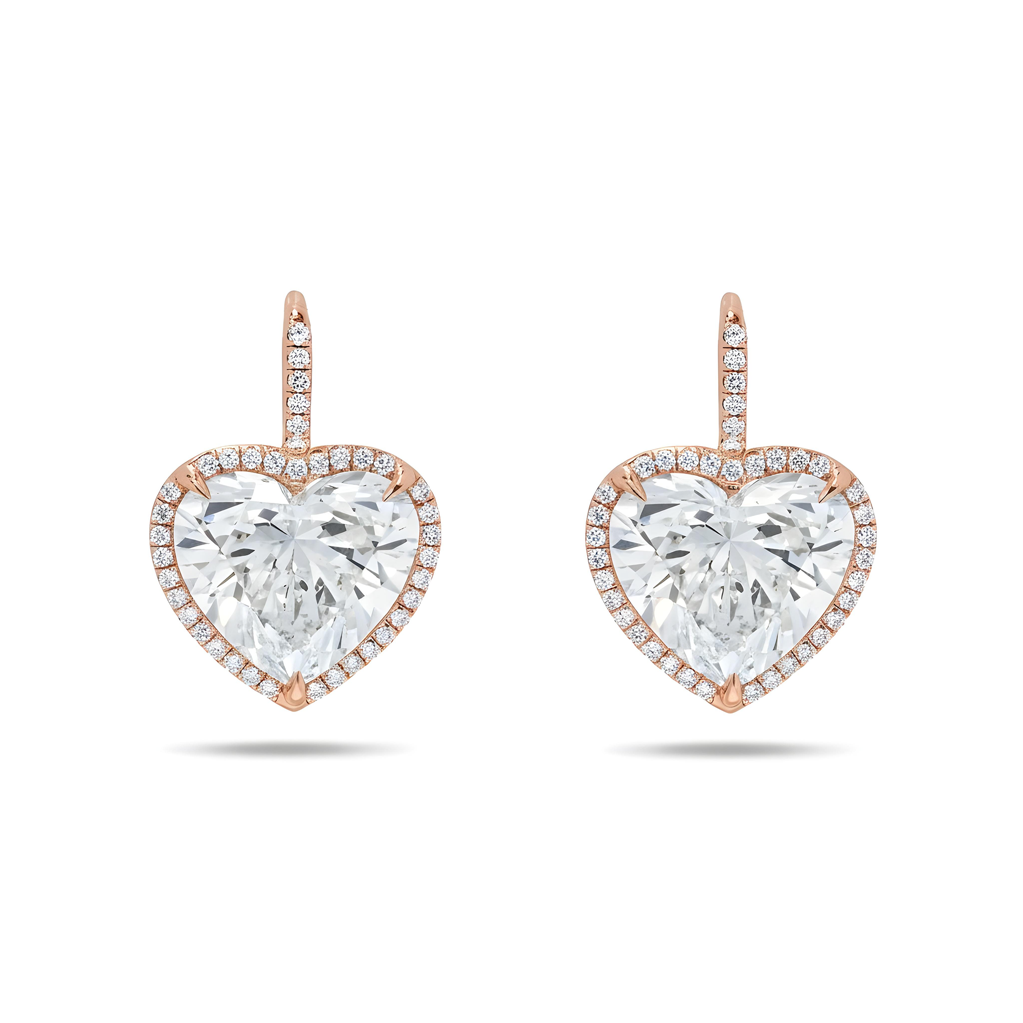 18K White Gold Heart Diamond Earrings w/ a Halo 10.71ctw