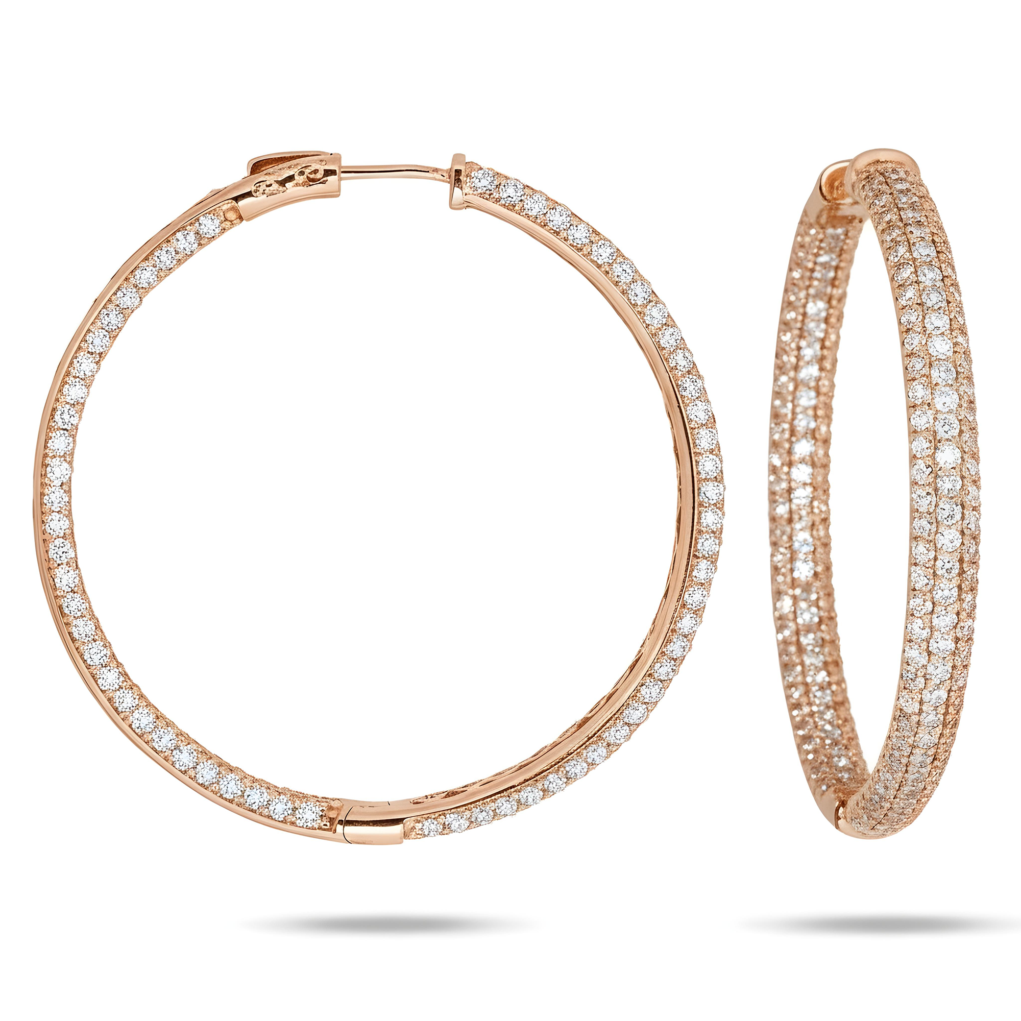14K White Gold Triple Row Round Diamond Inside Out Hoop Earrings 10.0ctw