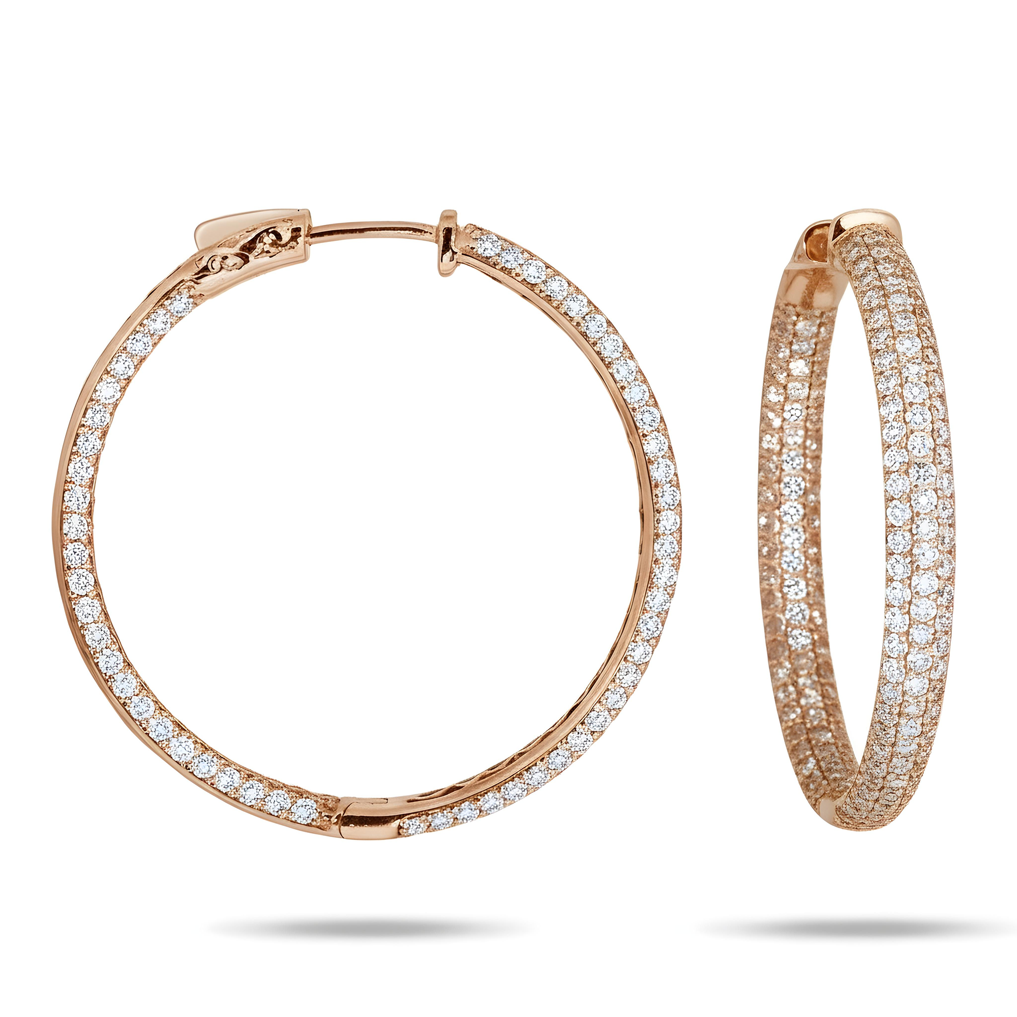 14K White Gold Triple Row Round Diamond Inside Out Hoop Earrings 4.0ctw