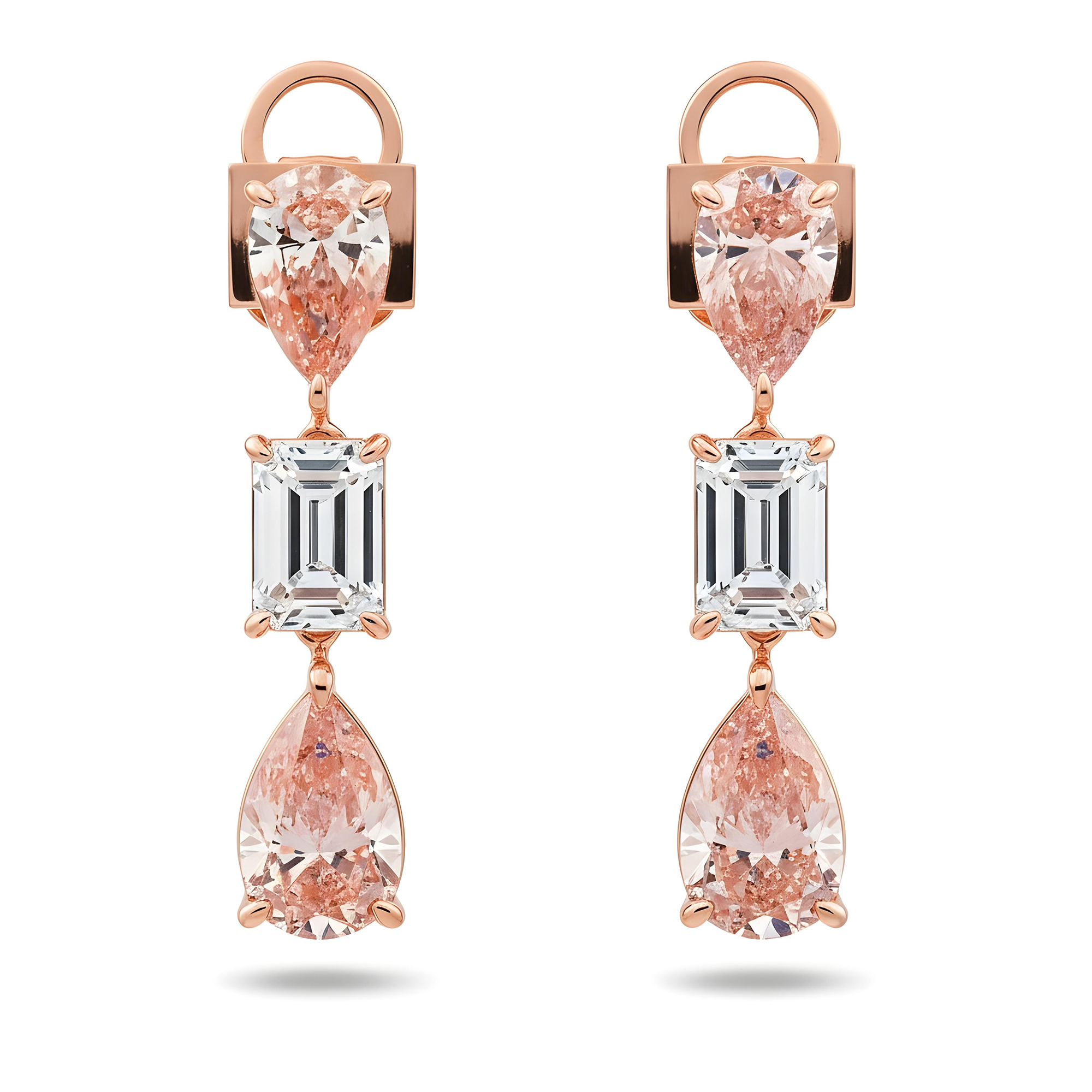 14K White Gold Three Tier Fancy Pink & White Diamond Drop Earrings 4.78ctw