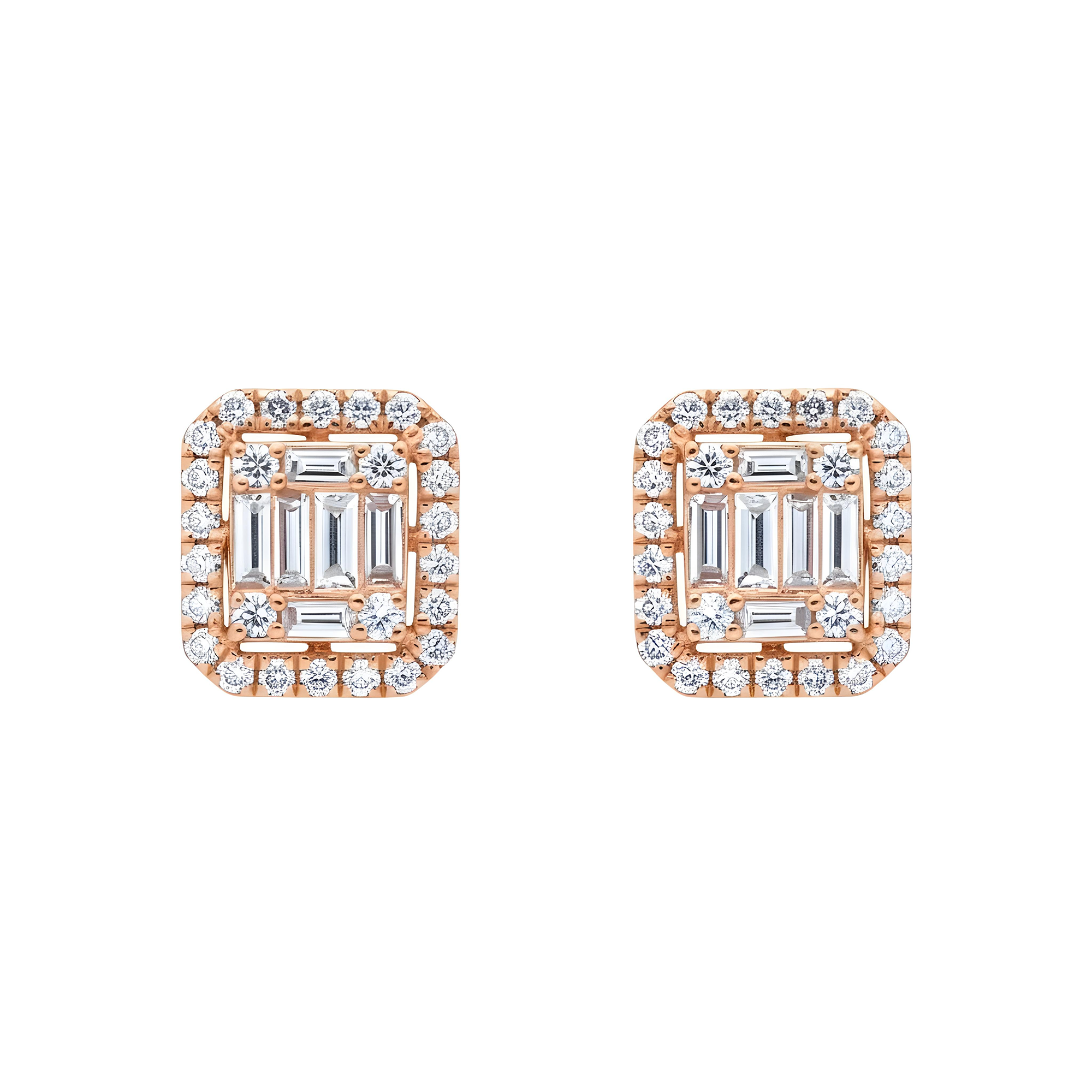 14K White Gold Baguette & Round Diamond Rectangle Studs Earrings 1.45ctw