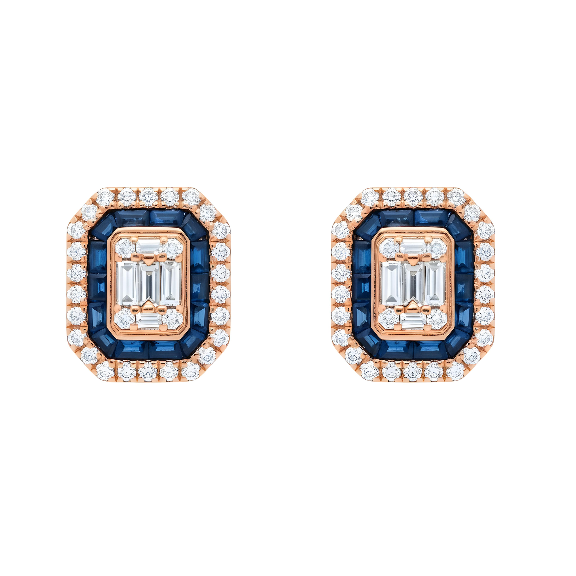 14K White Gold Sapphire & Diamond Square Stud Earrings