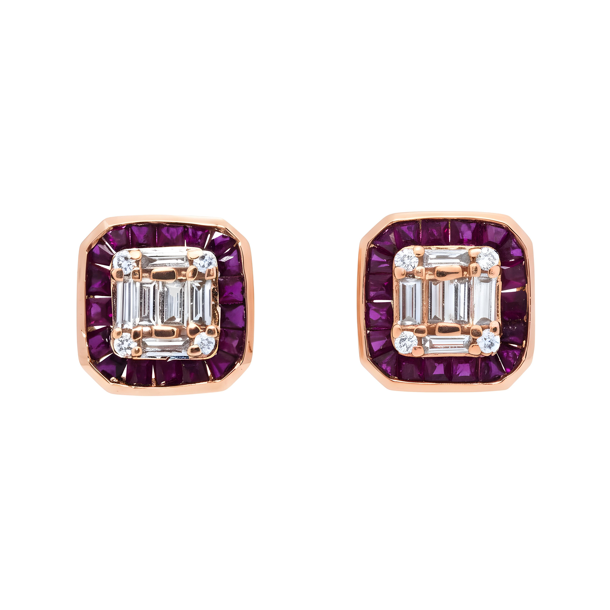 14K White Gold Ruby & Diamond Square Stud Earrings