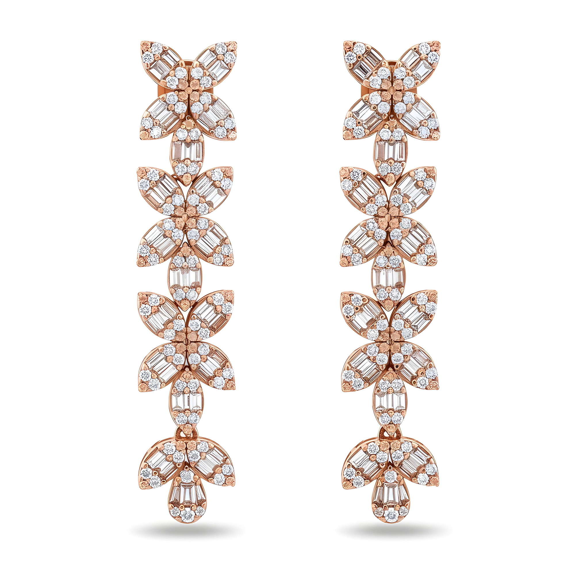 14K White Gold Baguette & Round Diamond Flower Drop Earrings 4.94ctw