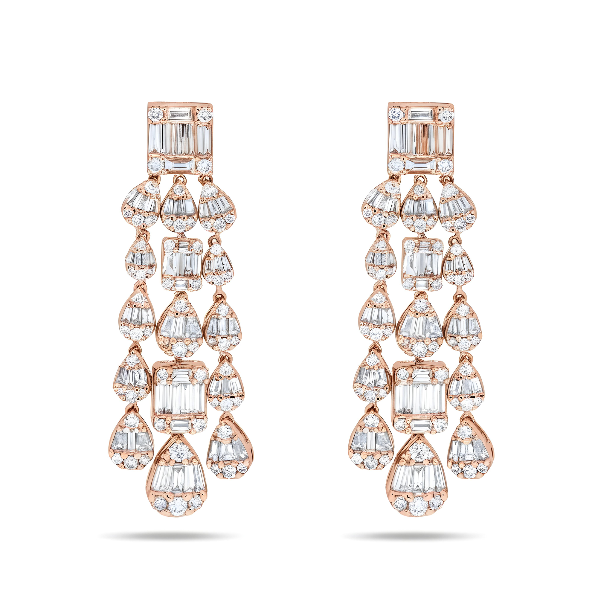 14K White Gold Triple Tier Baguette Diamond Drop Earrings 5.94ctw