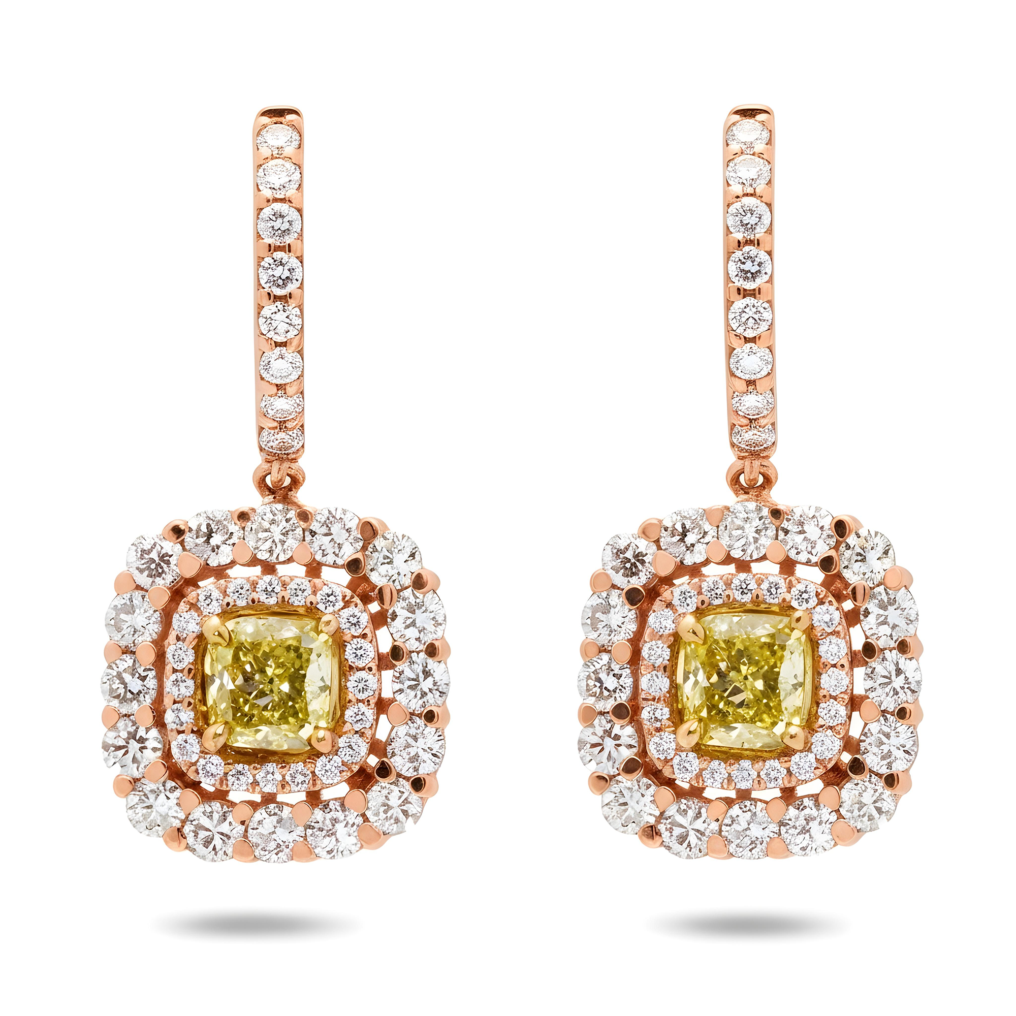 14K White Gold Cushion Cut Canary Yellow Diamond Drop Earrings 2.87ctw