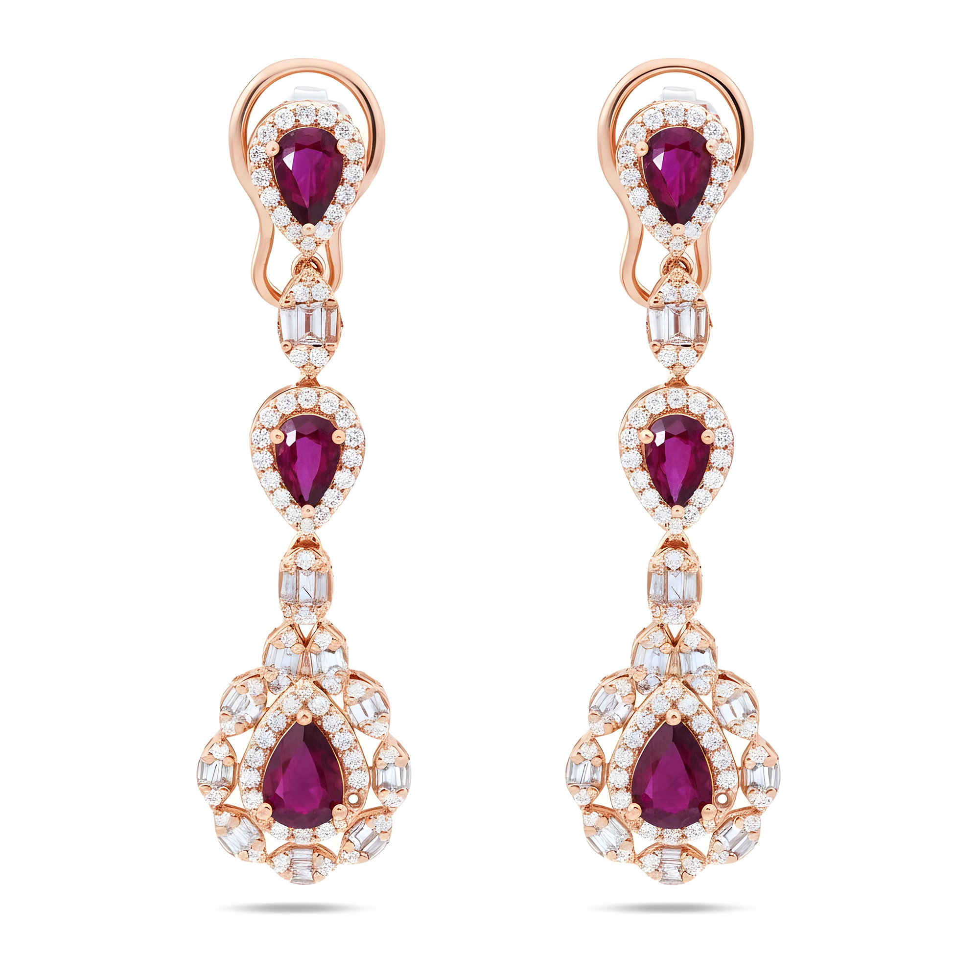 14K White Gold Ruby & Diamond Three Tier Drop Earrings