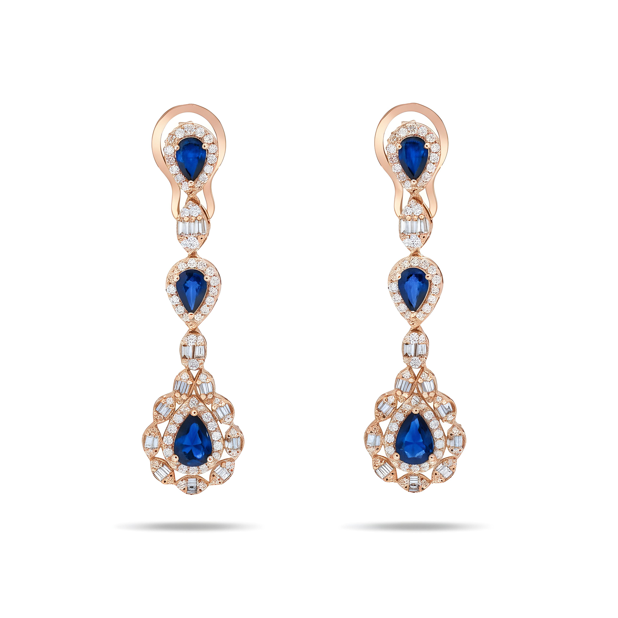 14K White Gold Pear Cut Sapphire & Diamond Drop Earrings