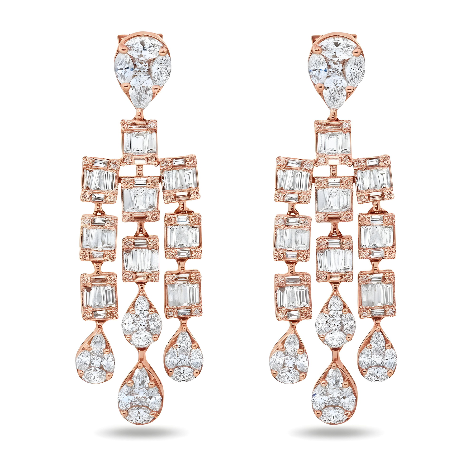 14K White Gold Triple Tier Baguette Diamond Drop Earrings 4.37ctw