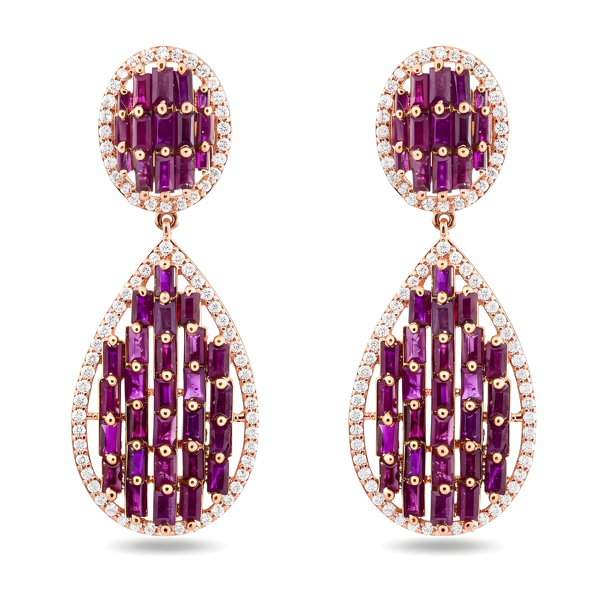 14K Yellow Gold Emerald Cut Pink Sapphire & Diamond Drop Earrings