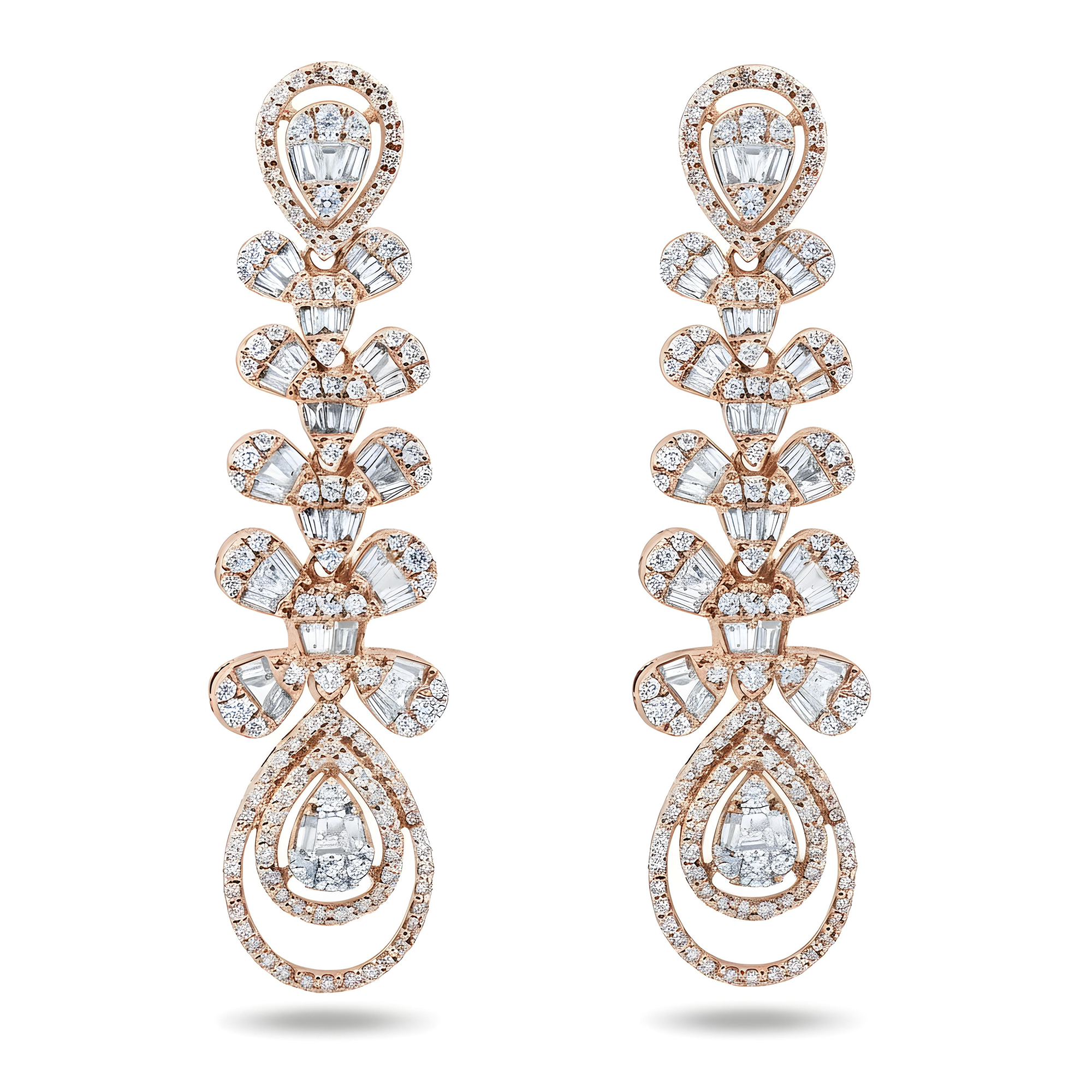 14K White Gold Peacock Feather Diamond Drop Earrings 2.92ctw