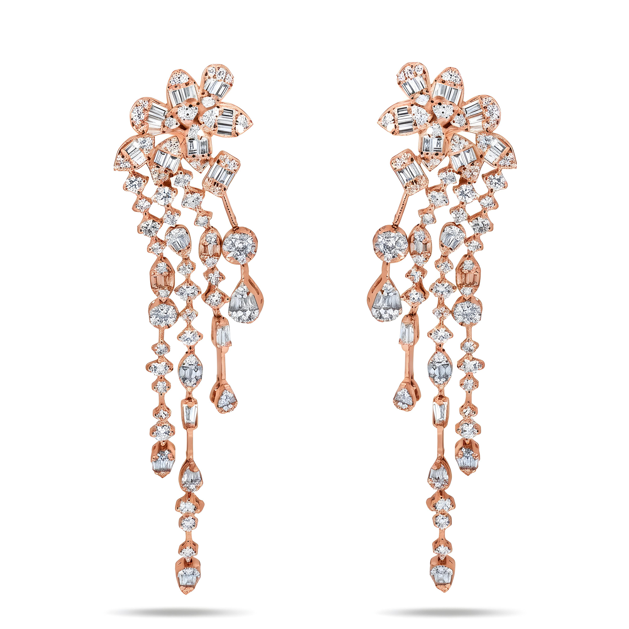 14K White Gold Falling Flower Chandelier Diamond Earrings 3.37ctw