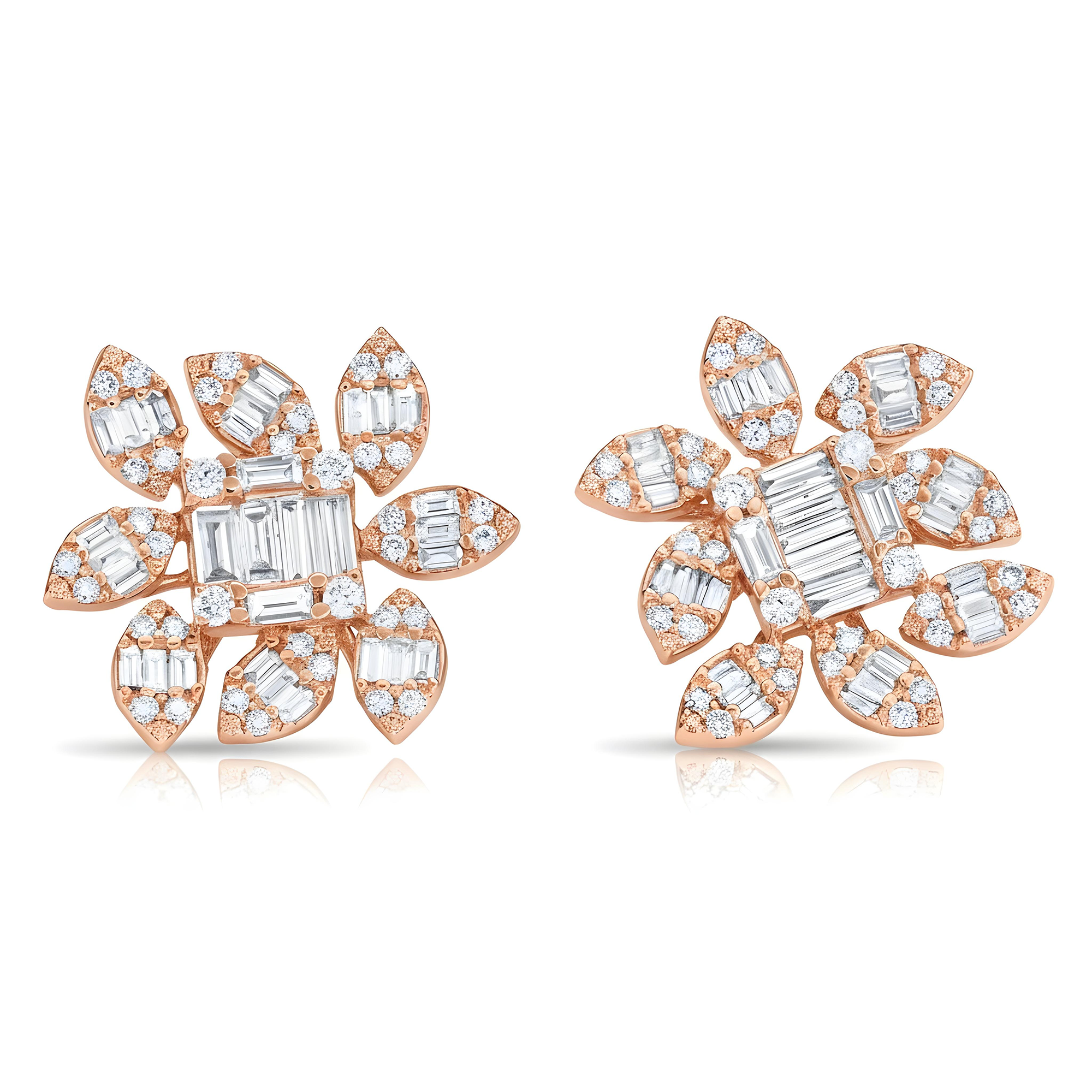 14K White Gold Baguette Diamond Flower Stud Earrings 3.35ctw
