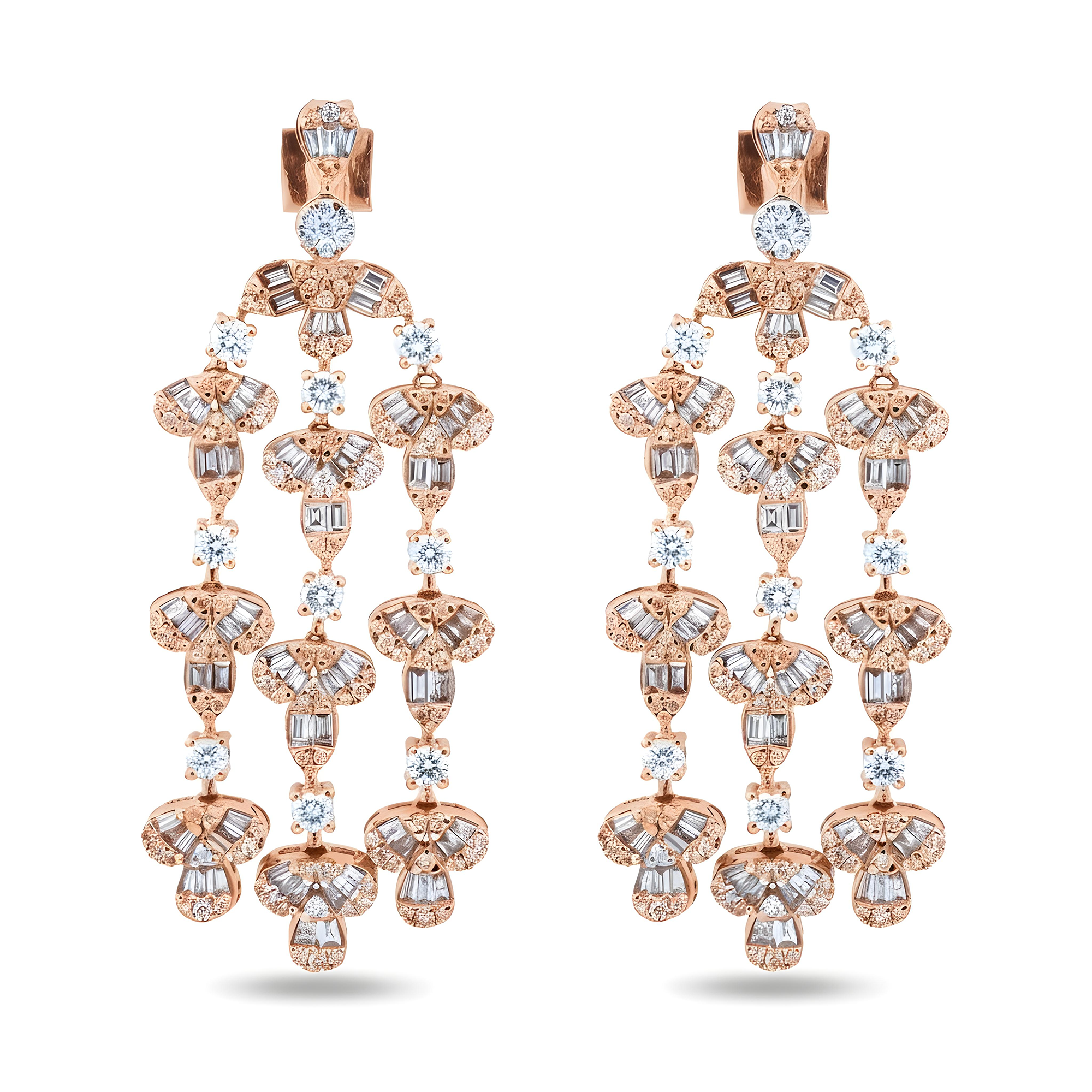 14K White Gold Triple Tier Baguette & Round Diamond Drop Earrings 3.88ctw