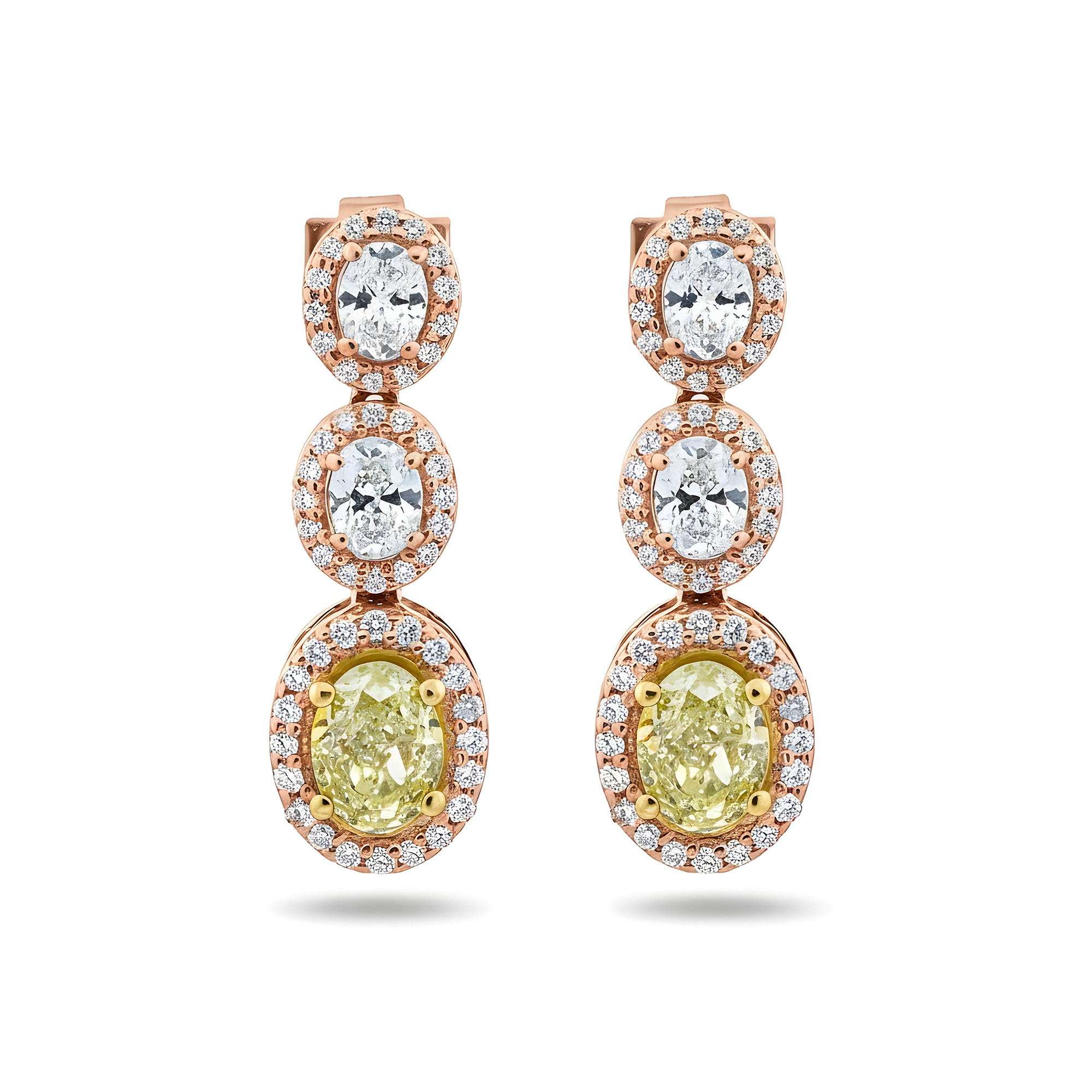14K White Gold Fancy Yellow & White Oval Cut Diamond Drop Earrings 3.05ctw