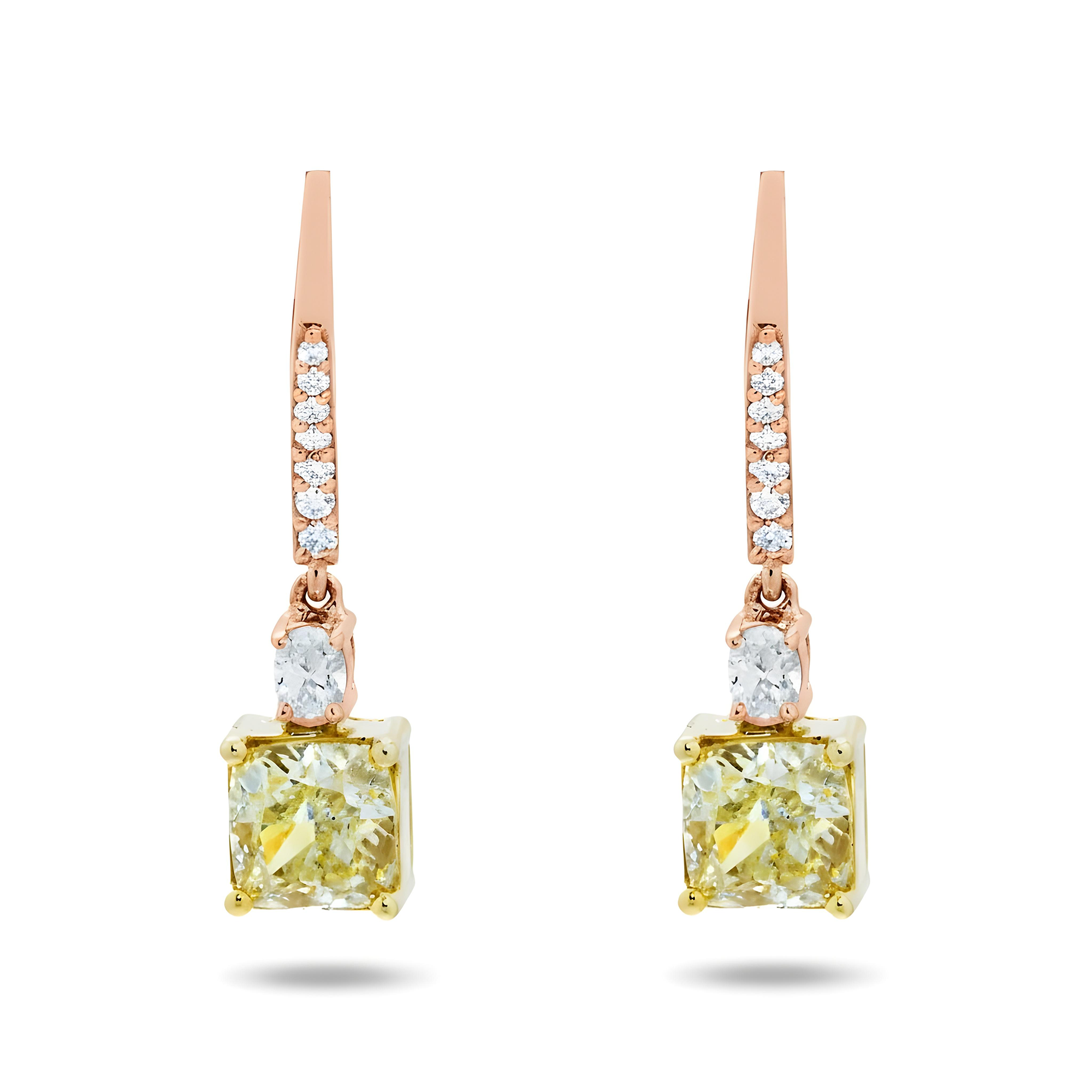 14K Two Tone Cushion Fancy Light Yellow Diamond Drop Earrings 2.54ctw