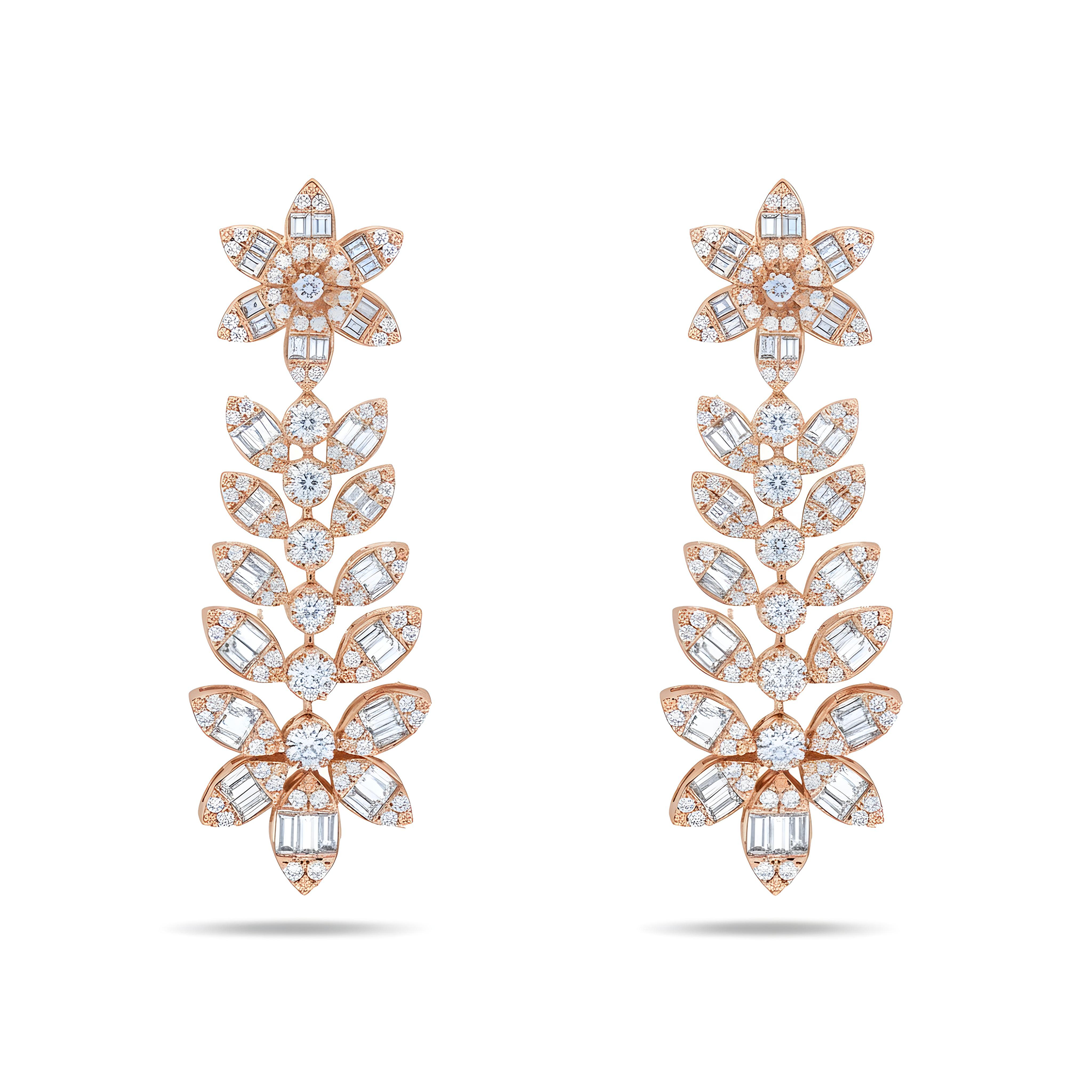 14KWhite Gold Baguette & Round Diamond Flower Drop Earrings 5.15ctw