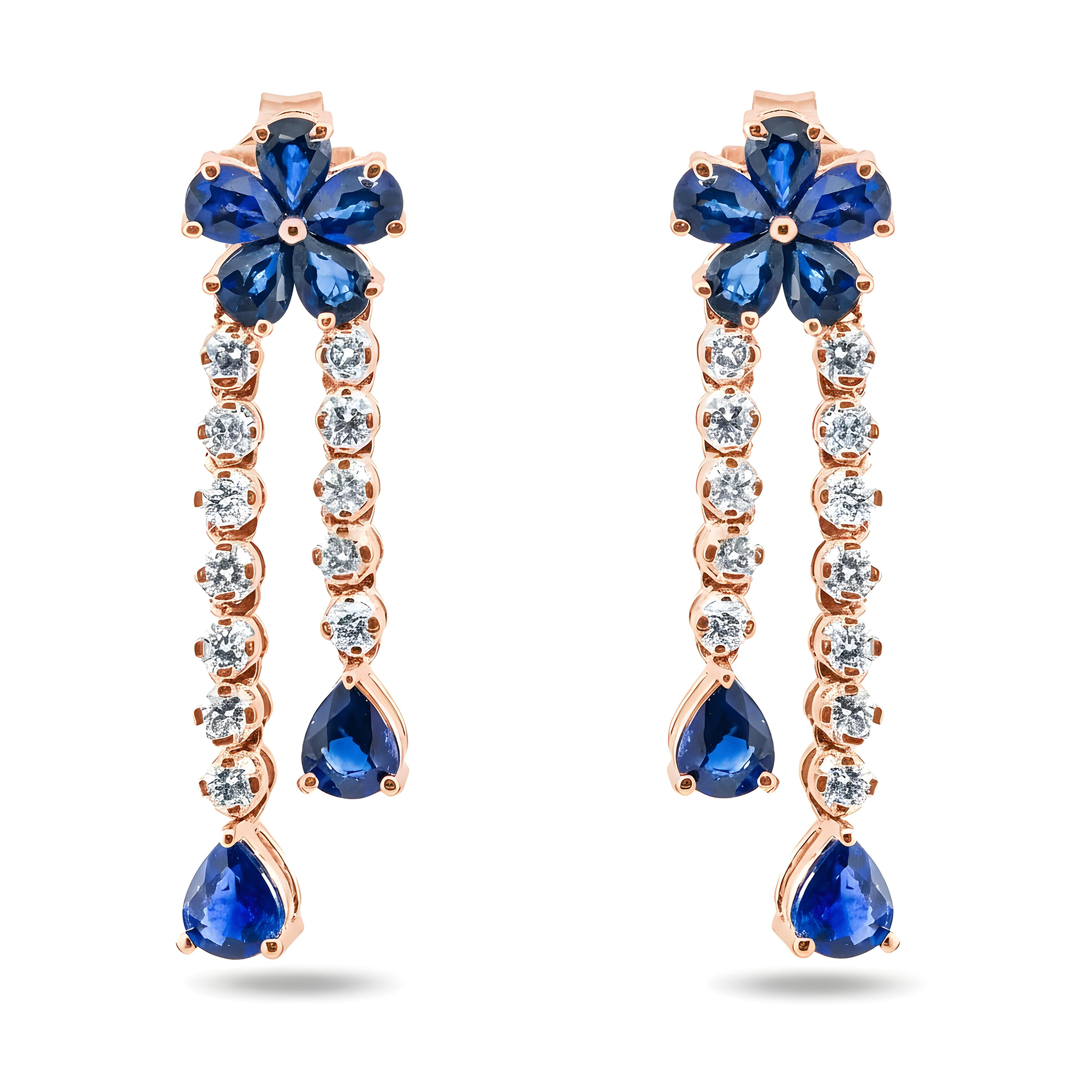 14K White Gold Sapphire & Diamond Flower Drop Earrings 4.40ctw