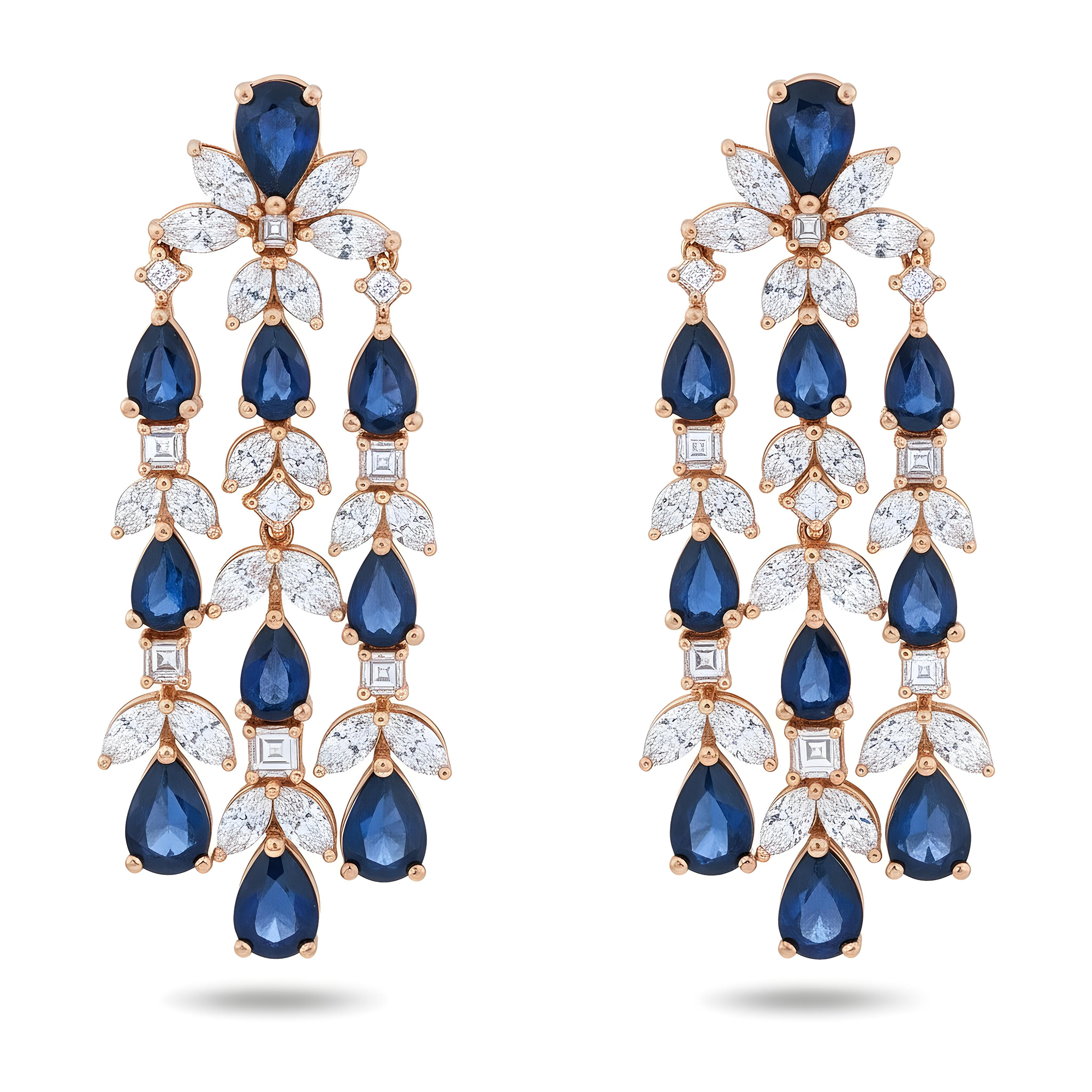 14K White Gold Three Tier Sapphire & Diamond Drop Earrings