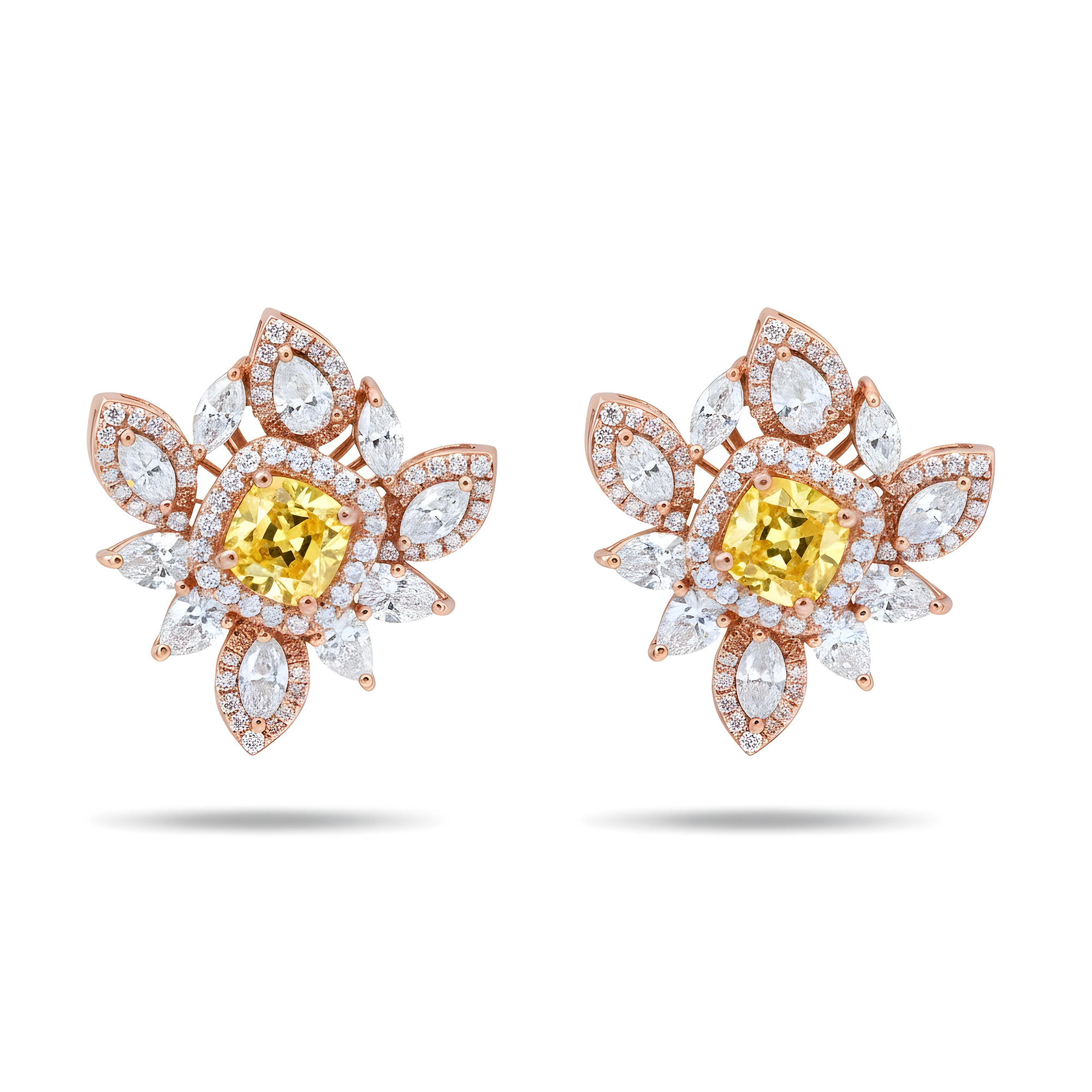 14K White Gold Canary Yellow Diamond Cluster Stud Earrings 5.16ctw