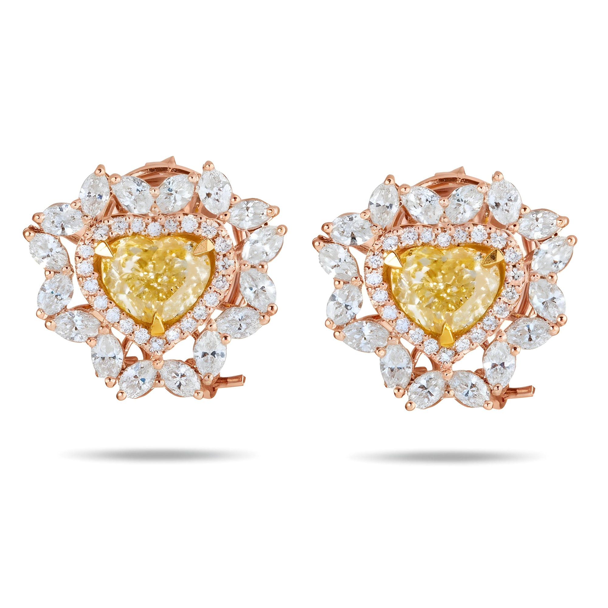 14K White Gold Heart Cut Canary Yellow Diamond Stud Earrings 5.30ctw