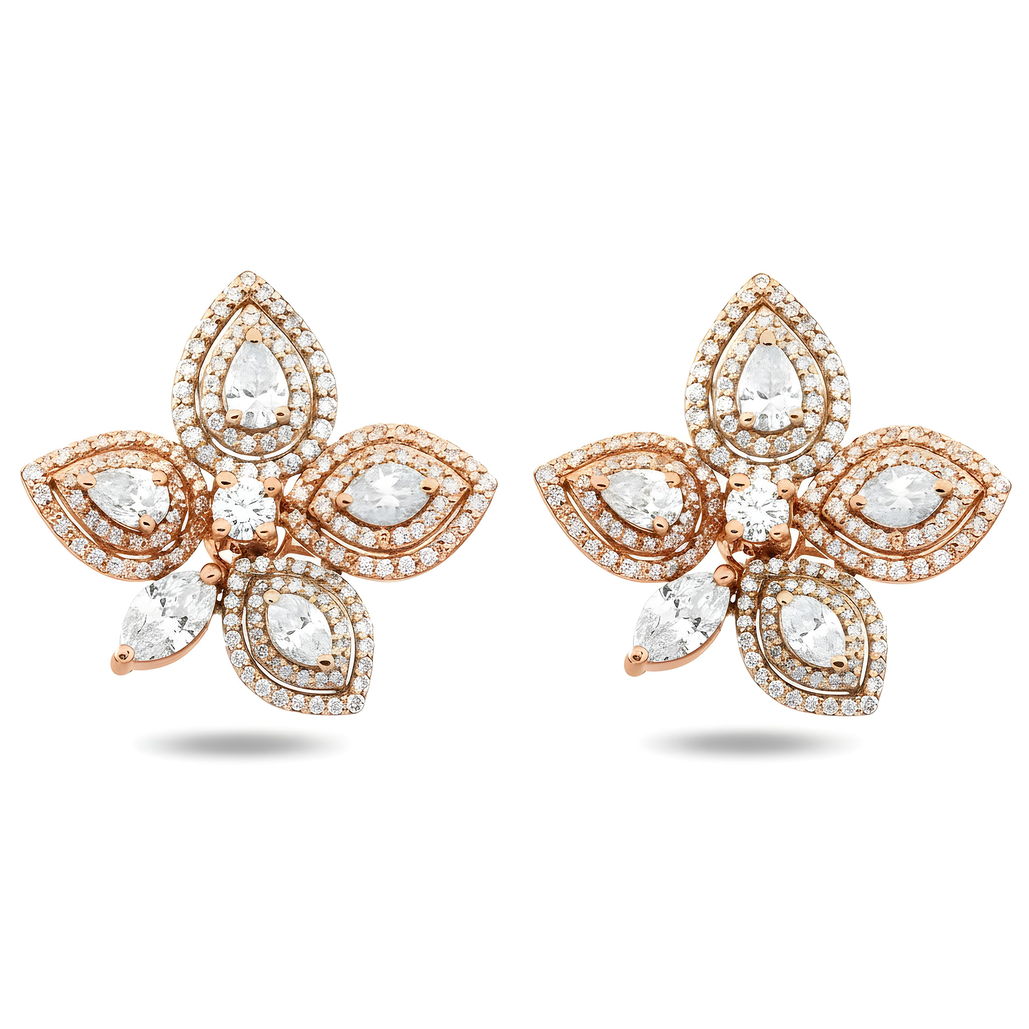 14K Two Tone Rose & White Gold Diamond Flower Stud Earrings 3.32ctw