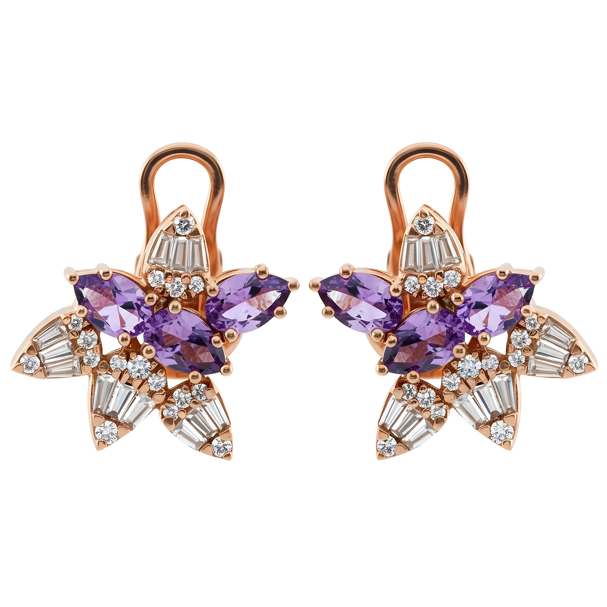 14K Yellow Gold Amethyst Gemstone & Diamond Stud Earrings