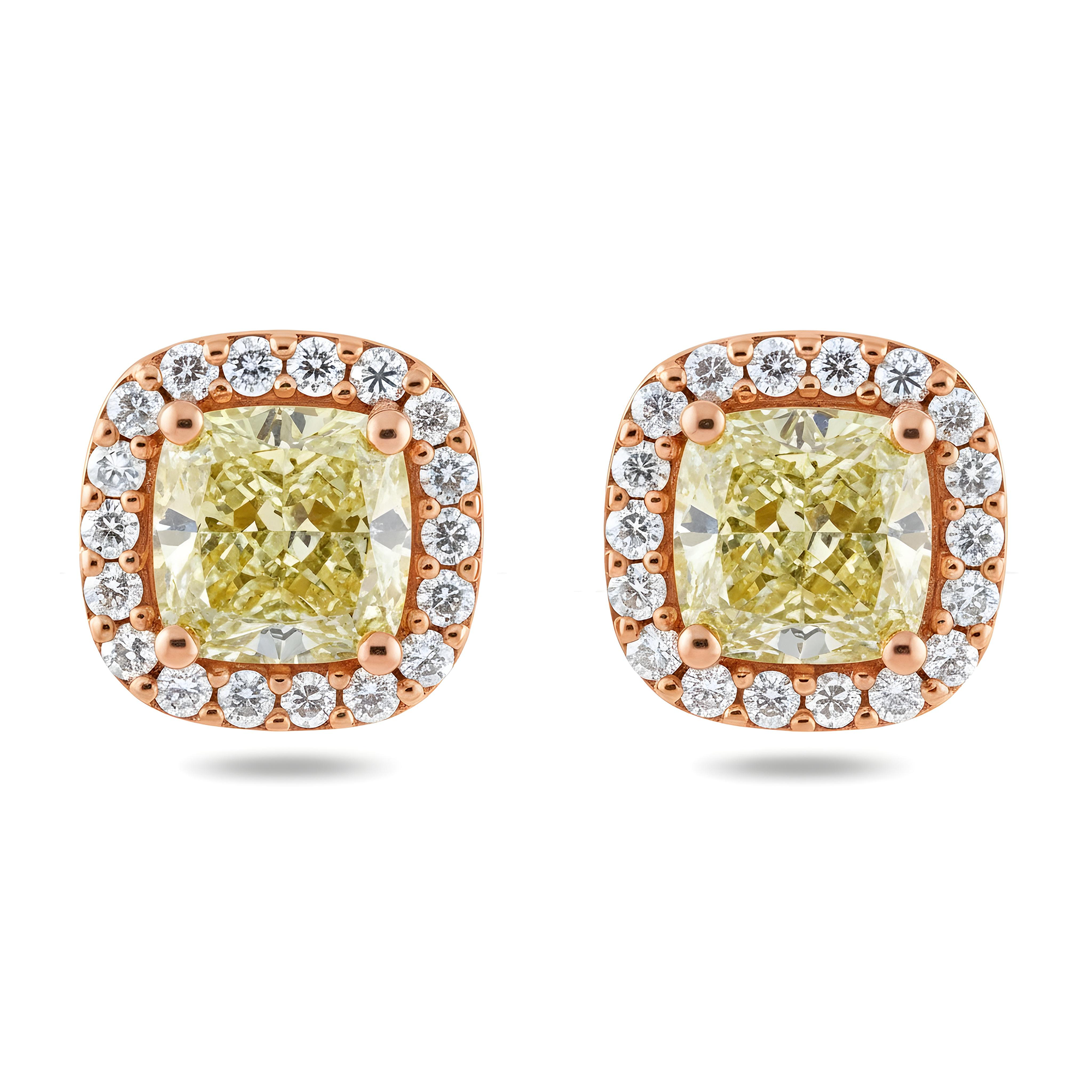 14K Two Tone Cushion Cut Fancy Yellow Diamond Stud Earrings 3.68ctw