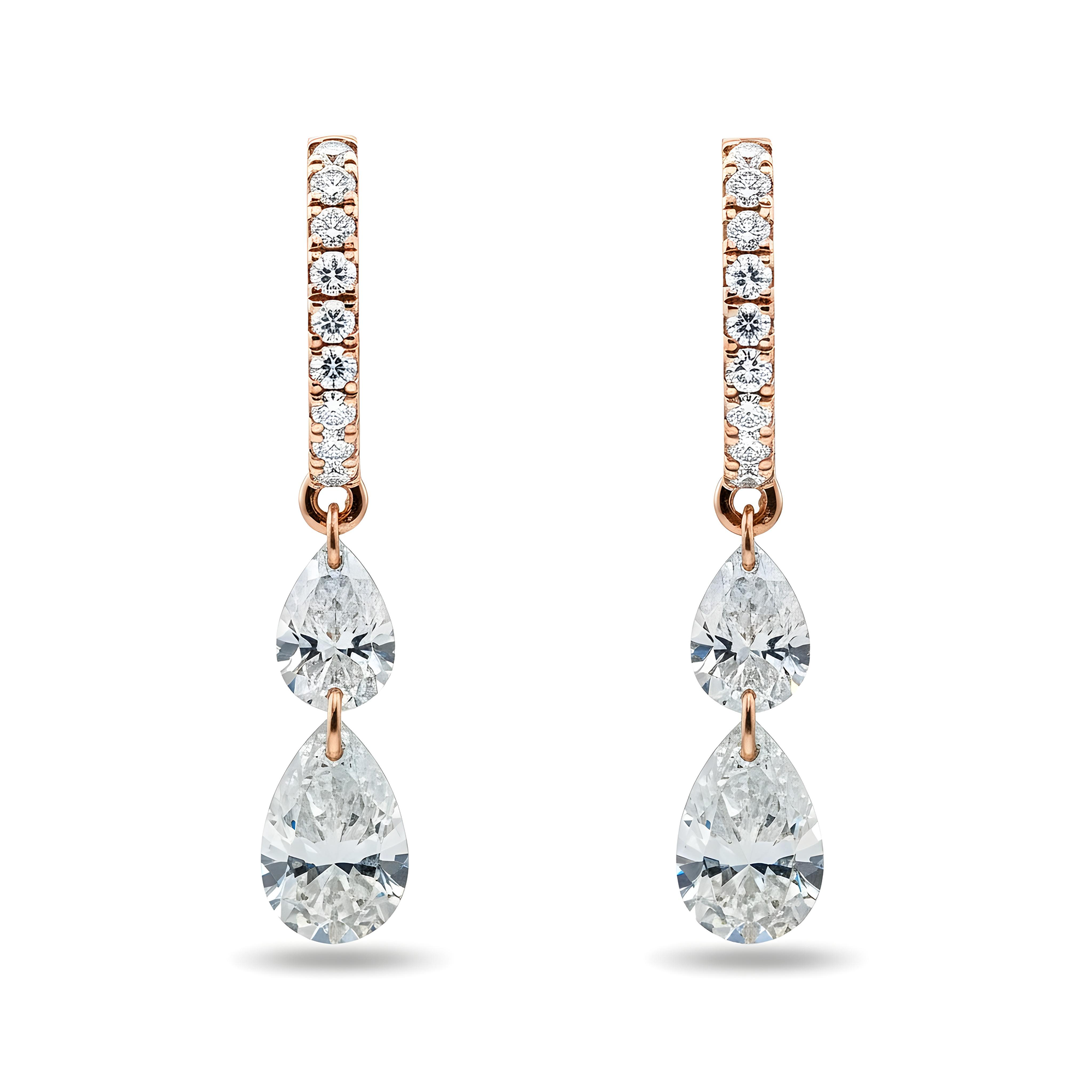 14K Yellow Gold Round & Pear Cut Diamond Huggie Drop Earrings 2.55ctw