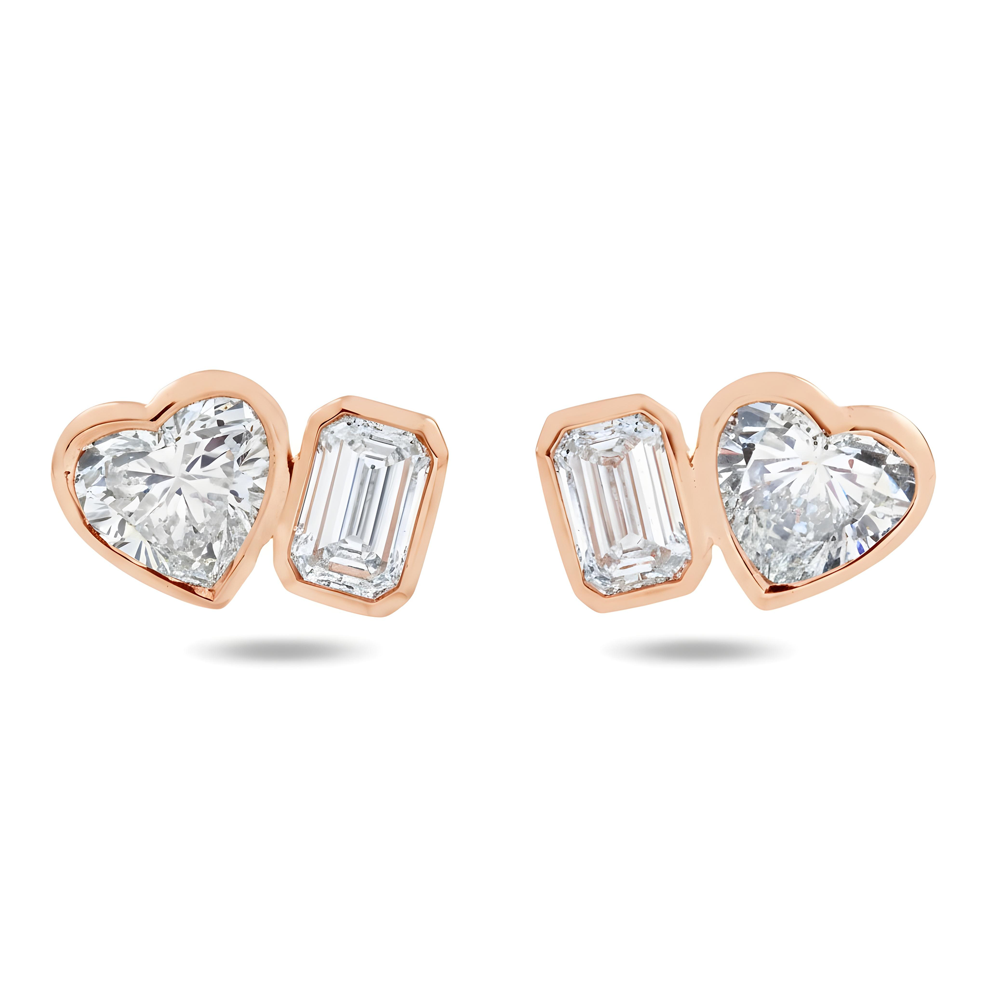 14K White Gold Heart & Emerald Cut Diamond Stud Earrings 3.14ctw