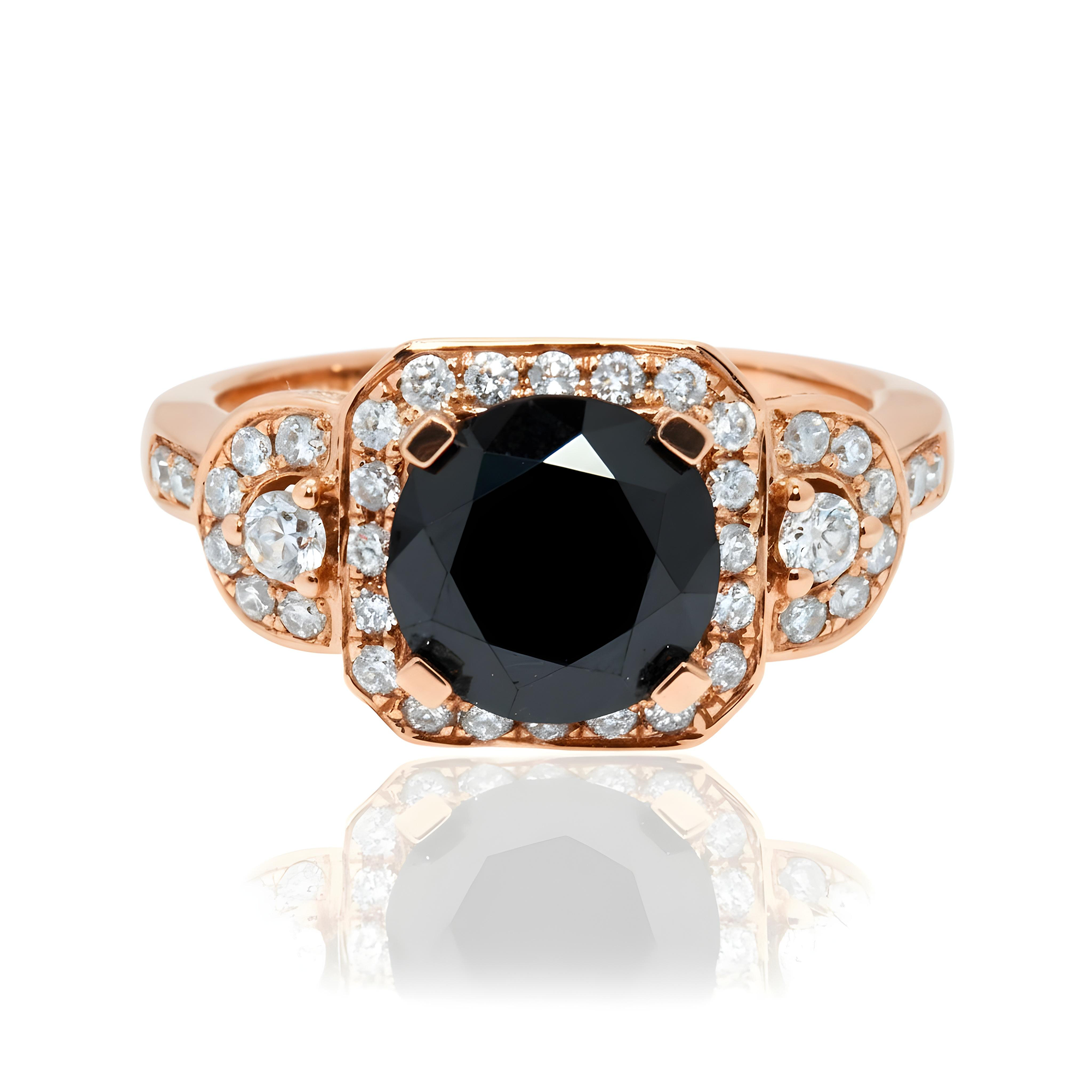 14K White Gold 2.82ct Round Cut Black Diamond Ring 3.74ctw