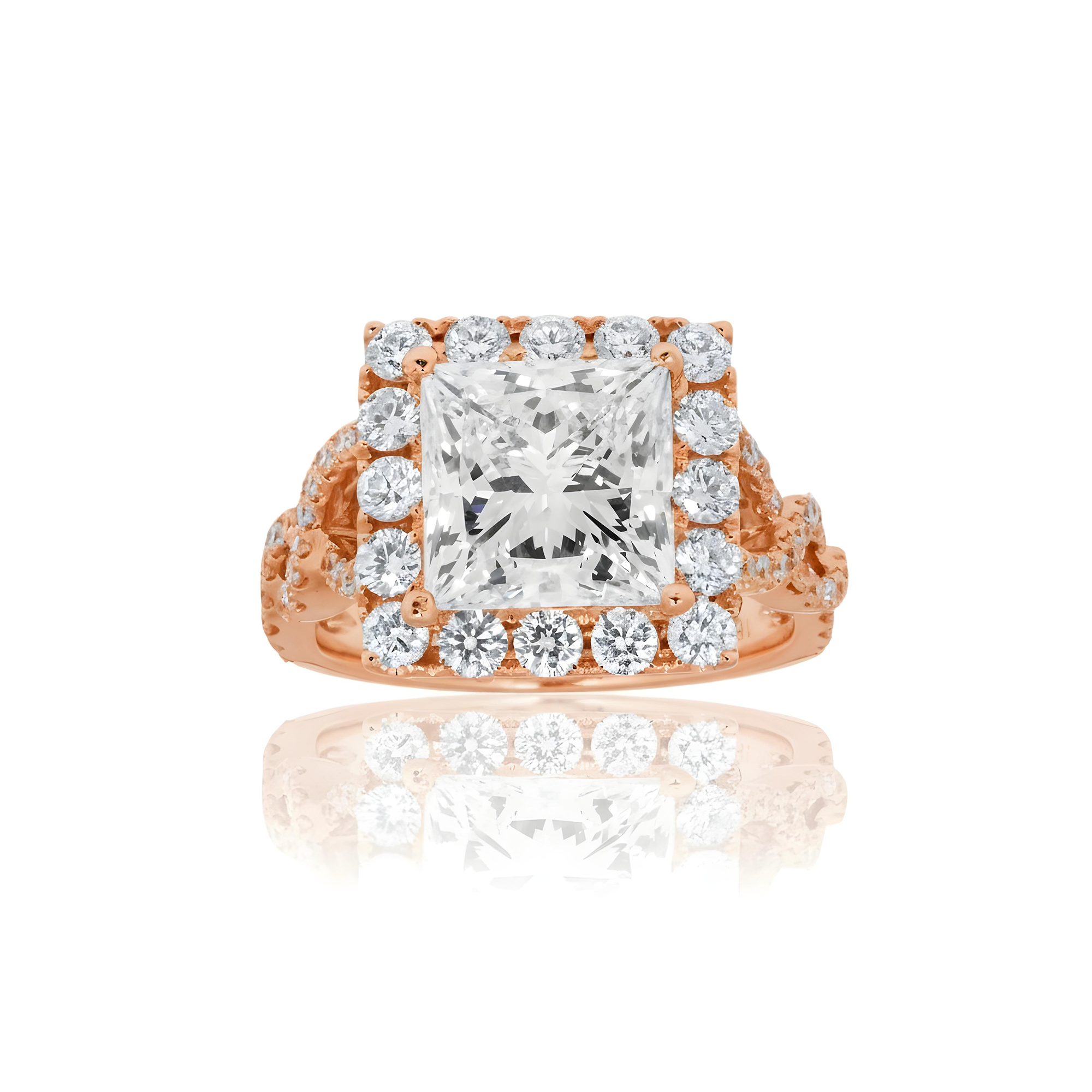 18K White Gold 4ct Princess Cut Diamond Engagement Ring w/ halo 5.32ctw