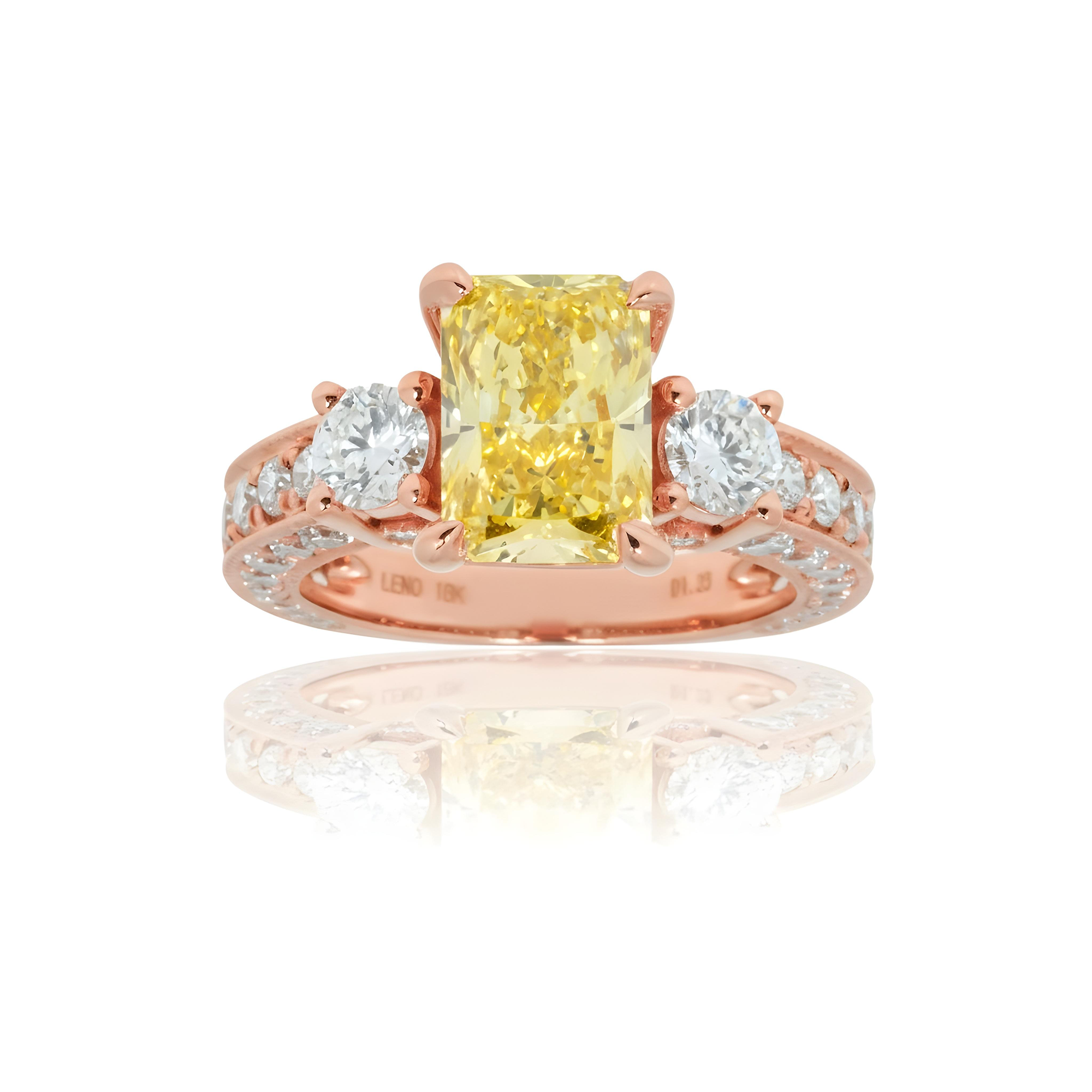 18K Yellow Gold 2ct Radiant Cut Fancy Vivid Yellow Diamond Ring 3.23ctw