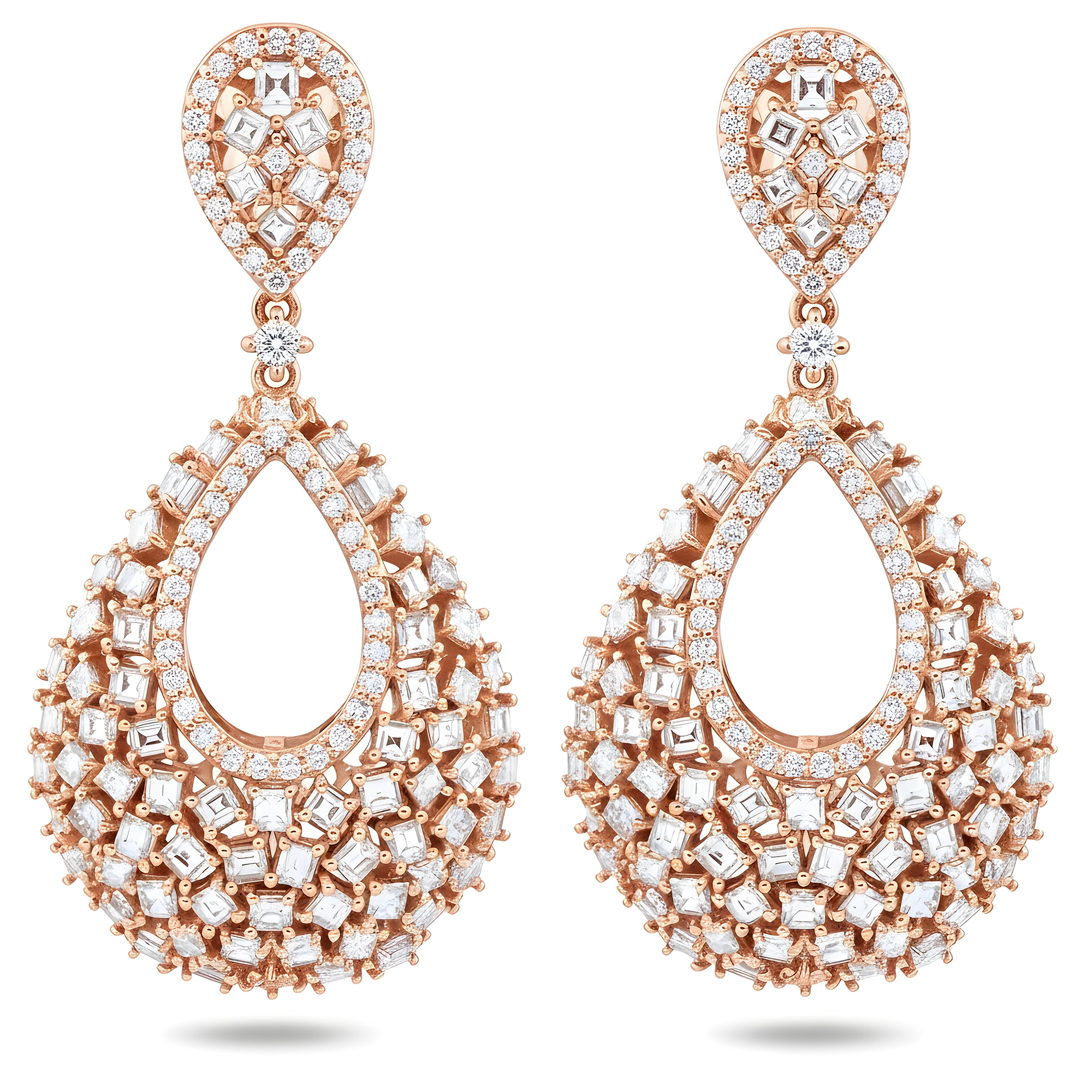 14K White Gold Asscher & Round Cut Drop Earrings 4.23ctw