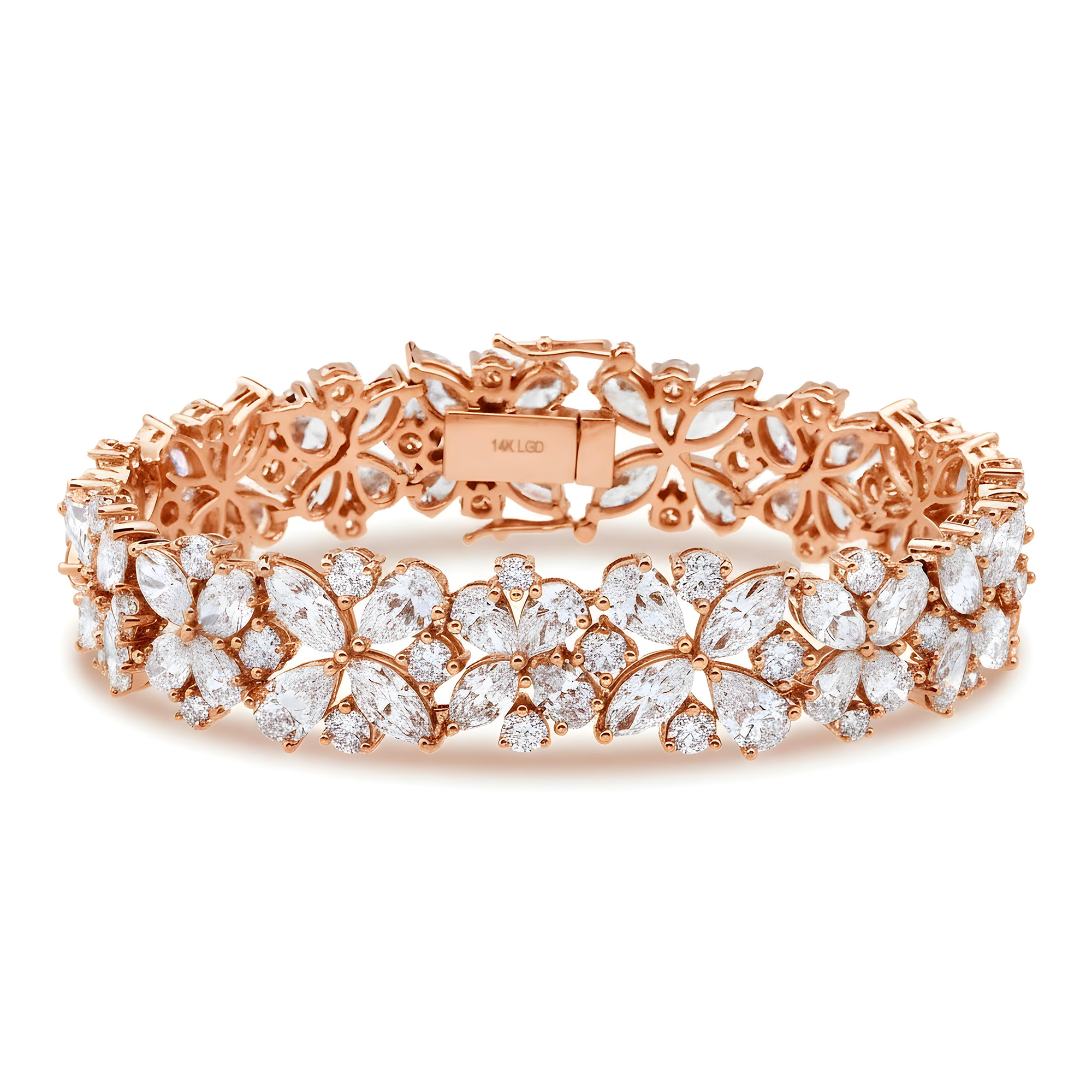 14K White Gold String of Flowers Multi Cut Diamond Bracelet 33.72ct