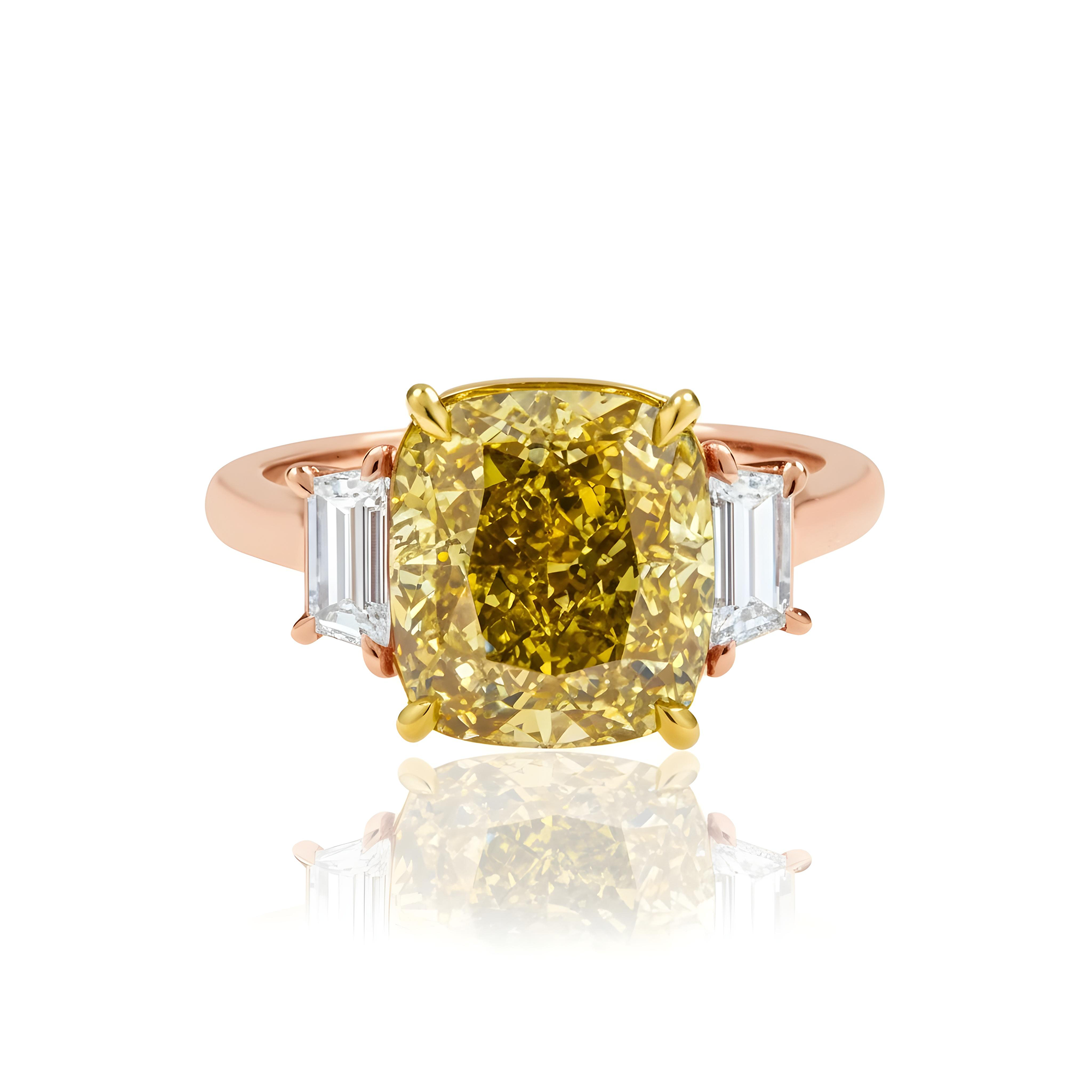 GIA Platinum 5.65ct Cushion Cut Fancy Deep Yellow Diamond Ring 6.21ctw