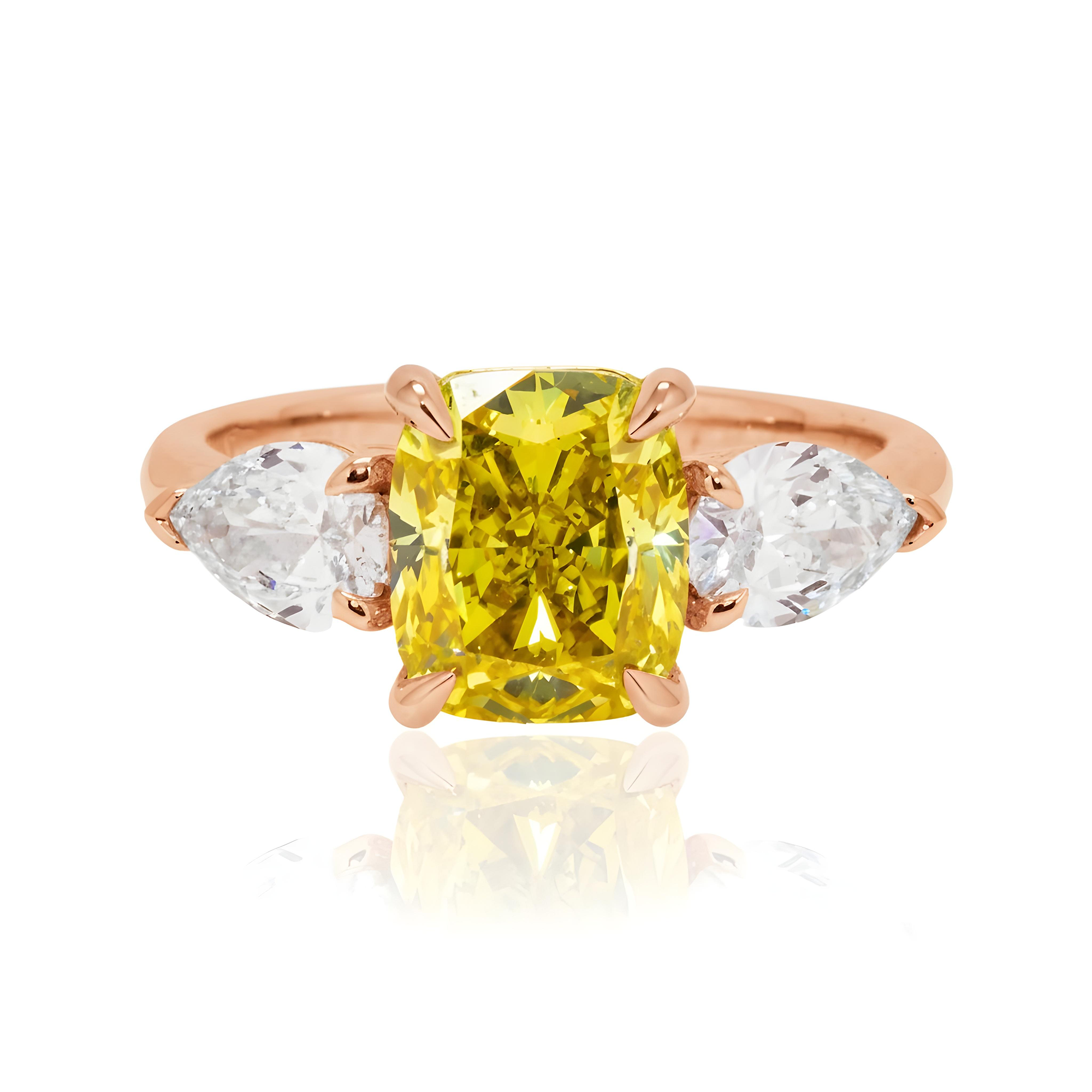 GIA Platinum 2.74ct Fancy Vivid Yellow Cushion Triple Diamond Ring 3.74ctw
