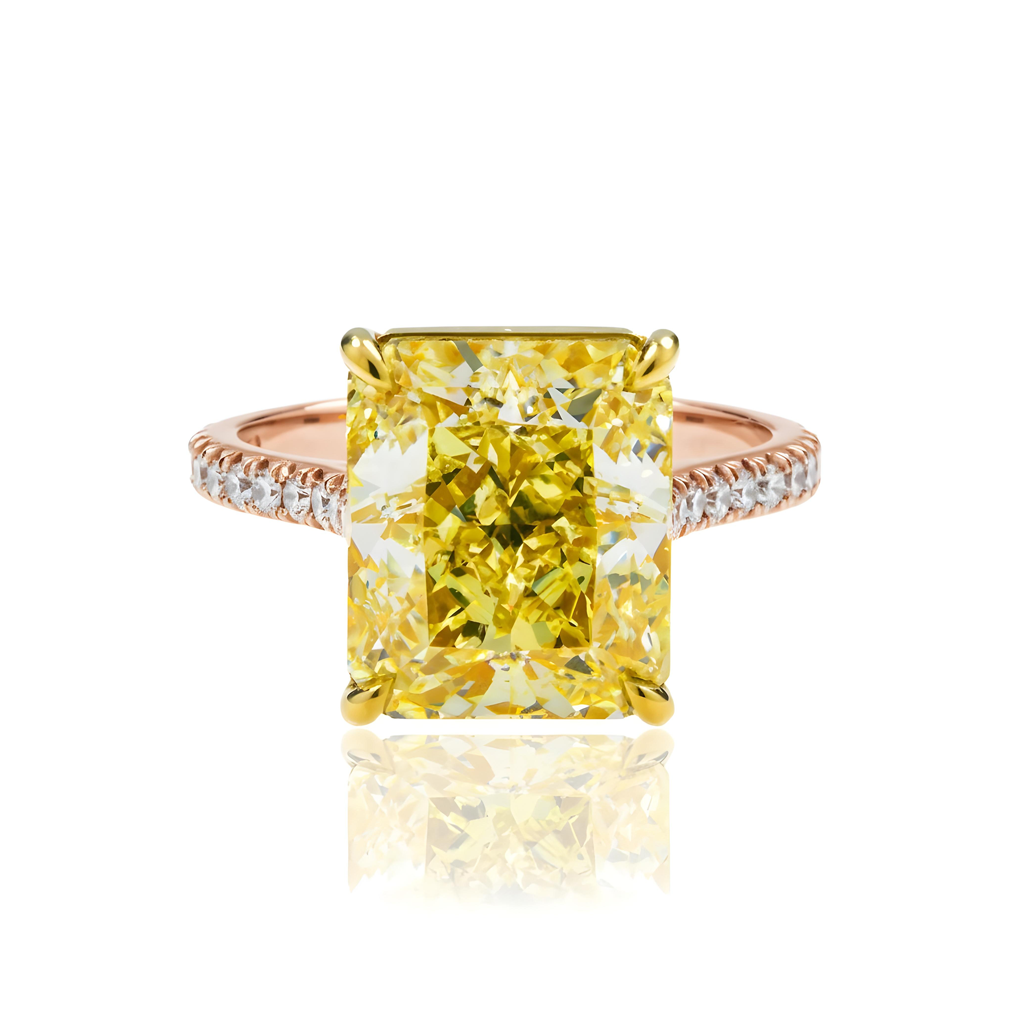 GIA Platinum 8.01ct Radiant Cut Fancy Yellow Diamond Ring 8.46ctw