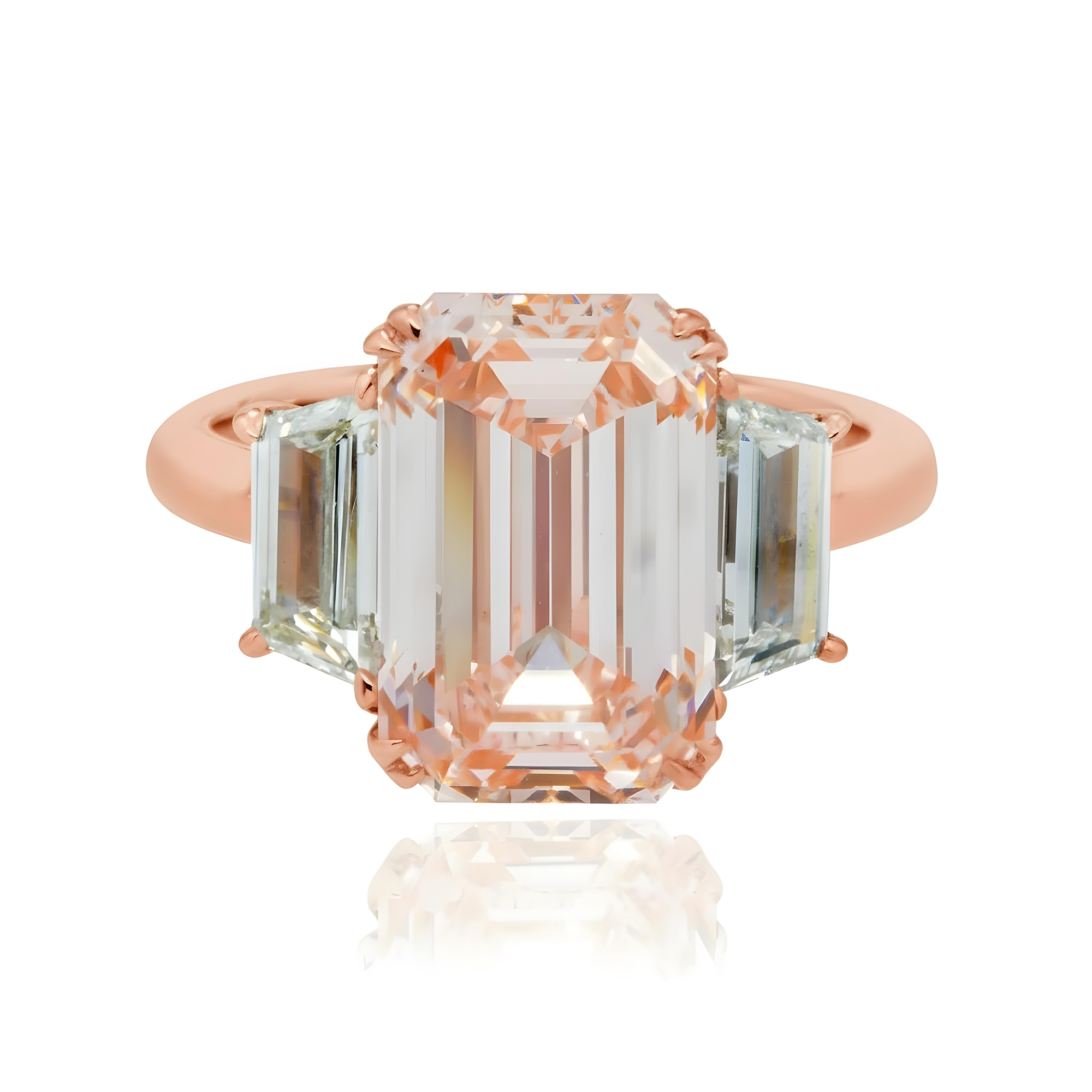 GIA Platinum 5.76ct Emerald Cut Fancy Pink Triple Diamond Ring 6.93ctw