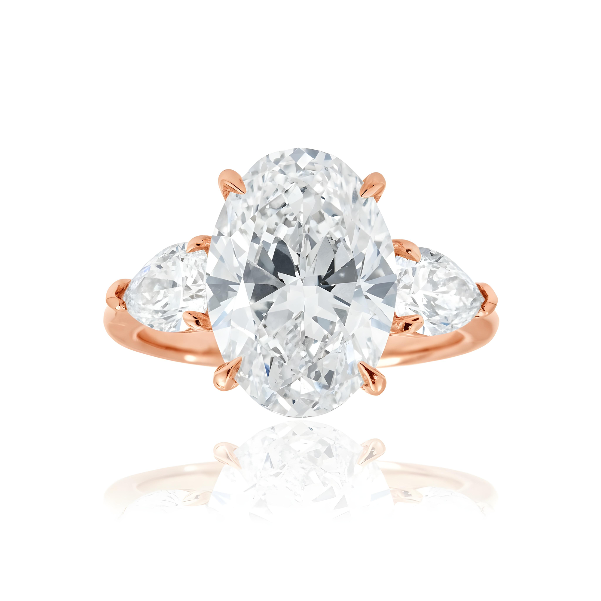 GIA Platinum 5.02ct Oval & Pear Cut Triple Diamond Engagement Ring 6.02ctw