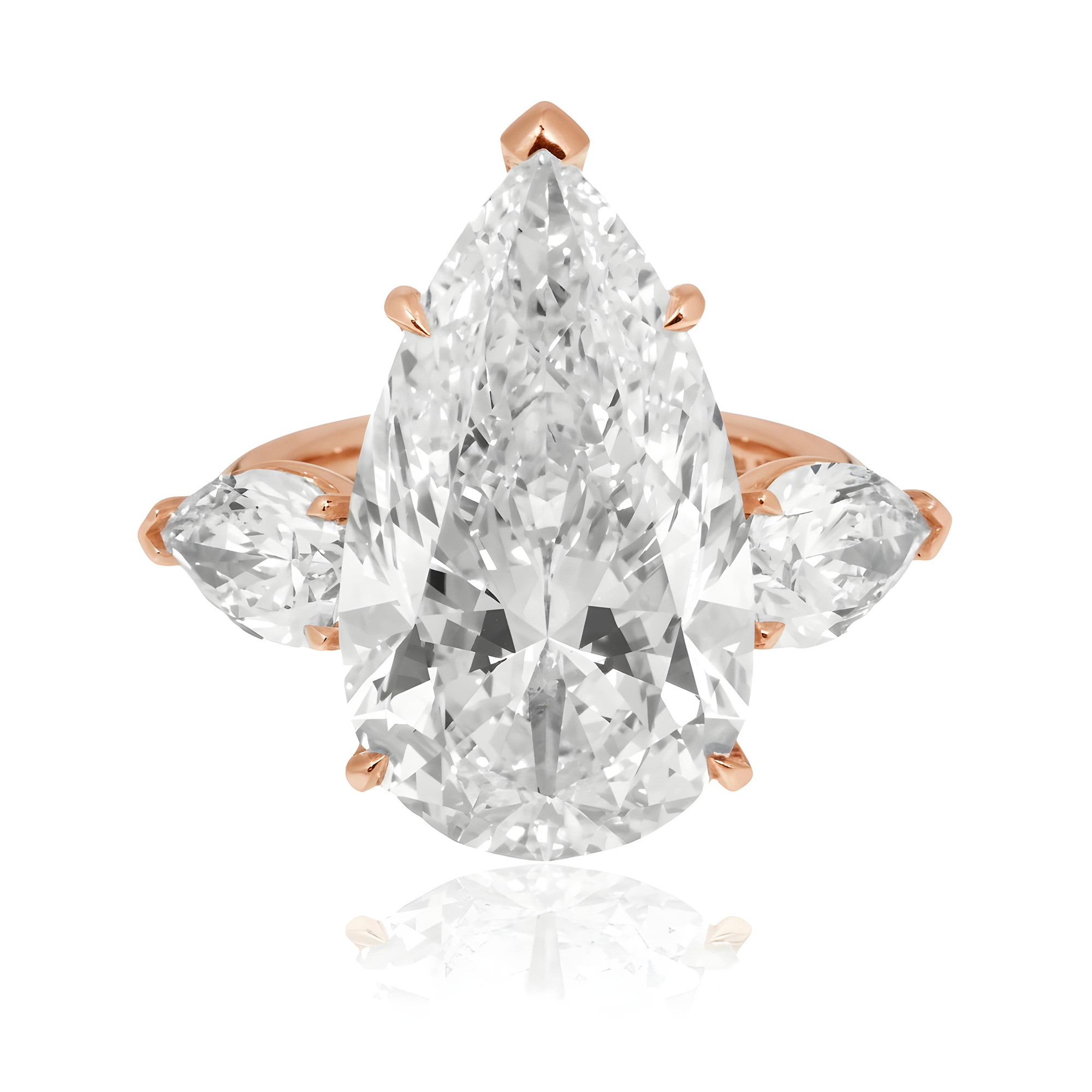 GIA Platinum 13.57ct Triple Pear Cut Diamond Engagement Ring 15.61ctw