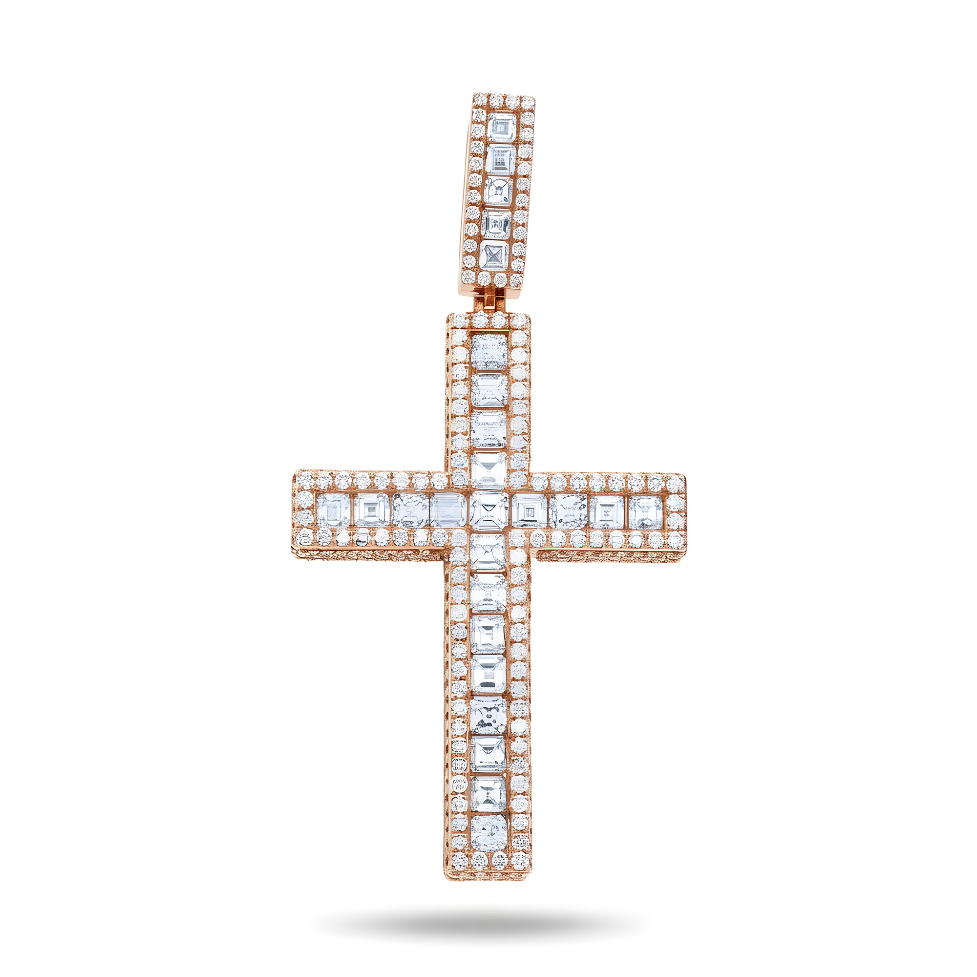 14K Yellow Gold Triple Sided Round & Asscher Cut Diamond Cross Pendant 9.54ct