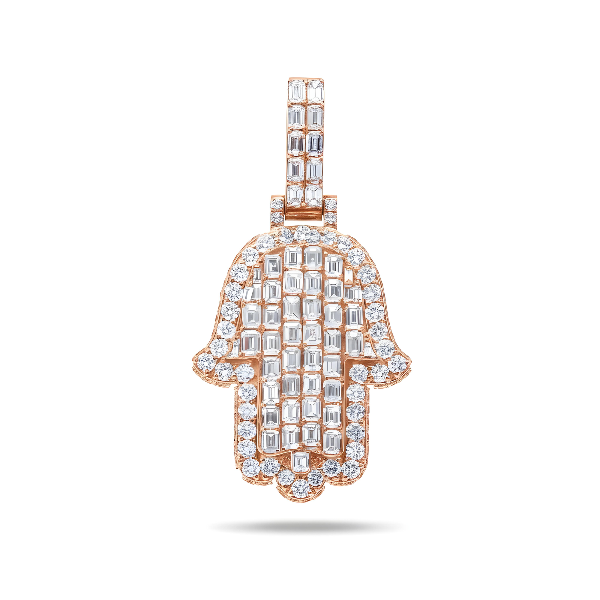 14K White Gold Emerald & Round Cut Diamond Hamsa Hand Pendant 8.91ct